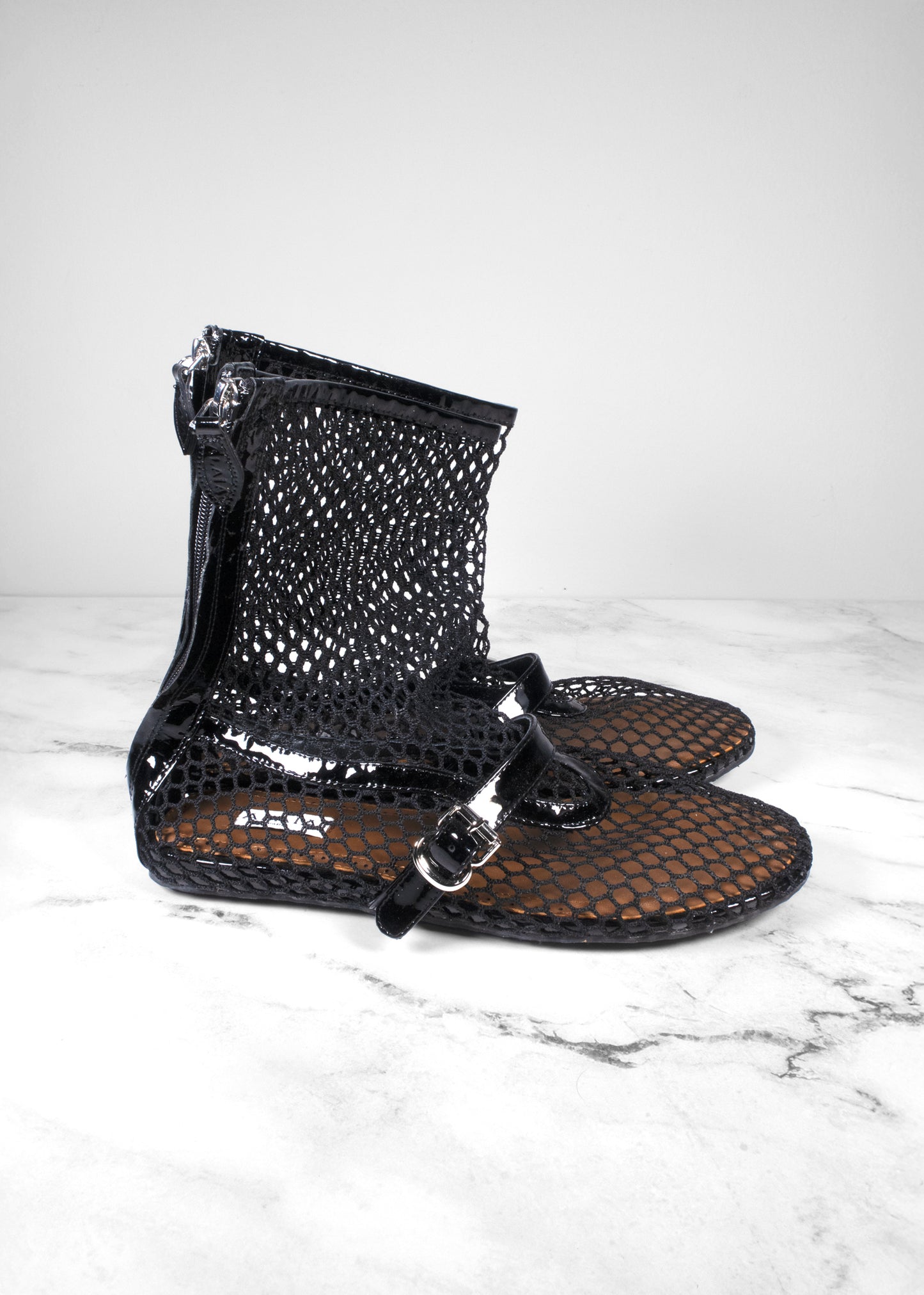 Alaïa Black Fishnet Leather-Trimmed Ankle Ballet flat booties