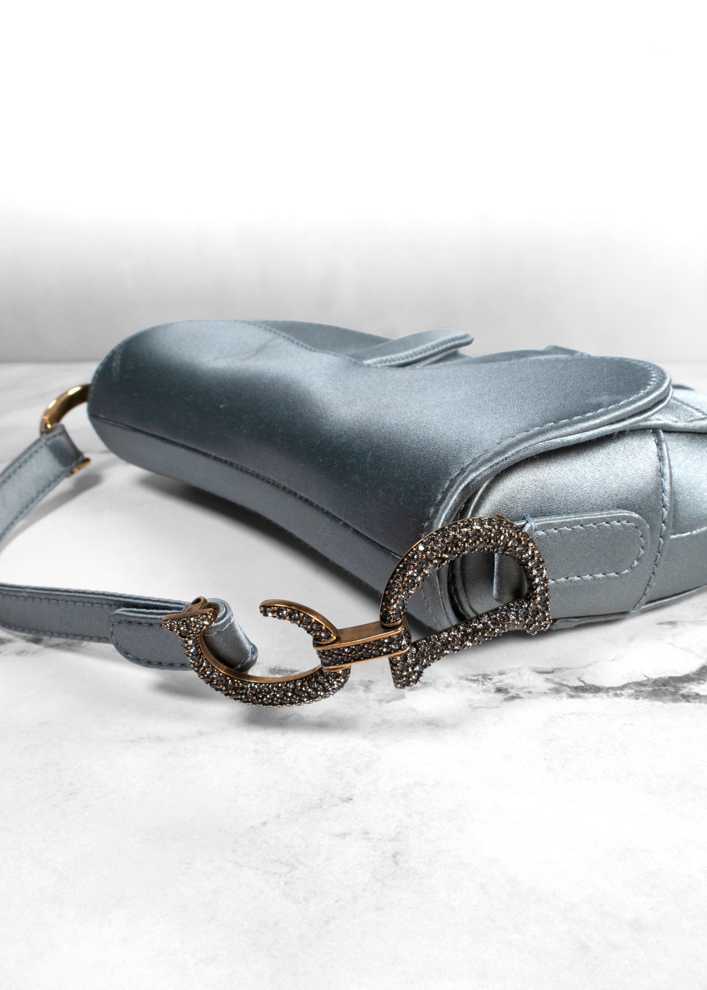 Christian Dior Satin Crystal Mini Saddle Bag Blue Gray