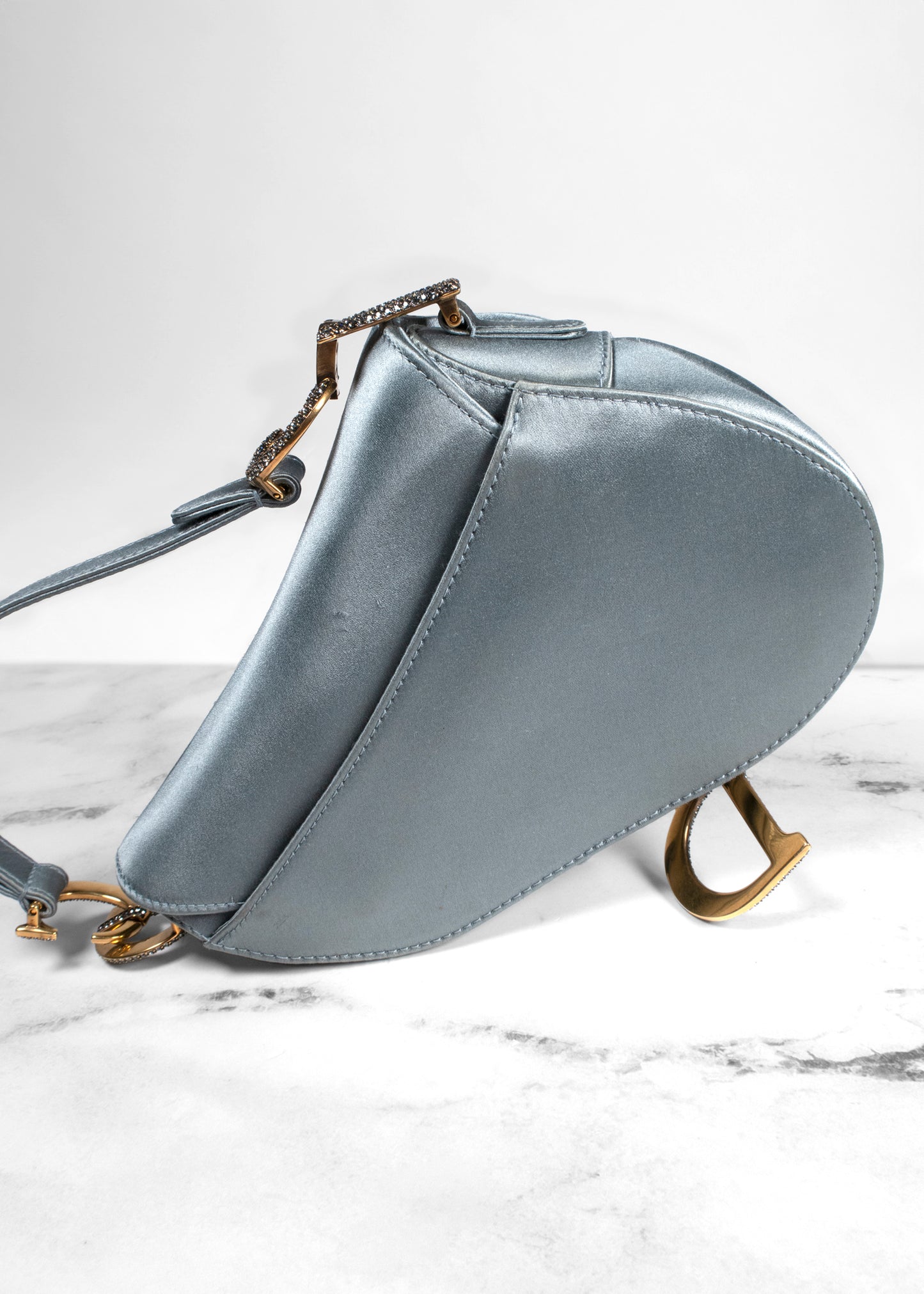 Christian Dior Satin Crystal Mini Saddle Bag Blue Gray