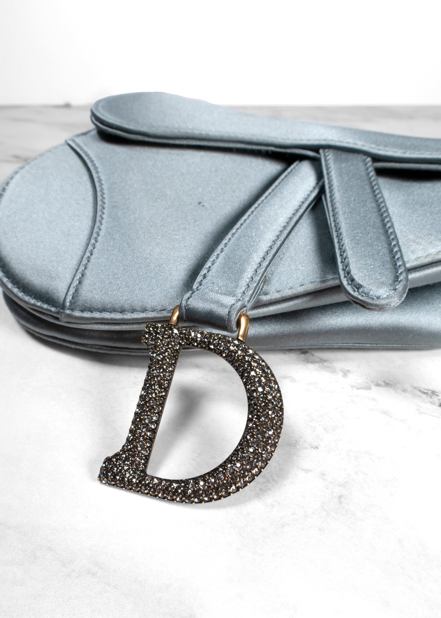 Christian Dior Satin Crystal Mini Saddle Bag Blue Gray