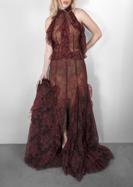 Costarellos Morgana Ruffled Lace Maxi Gown