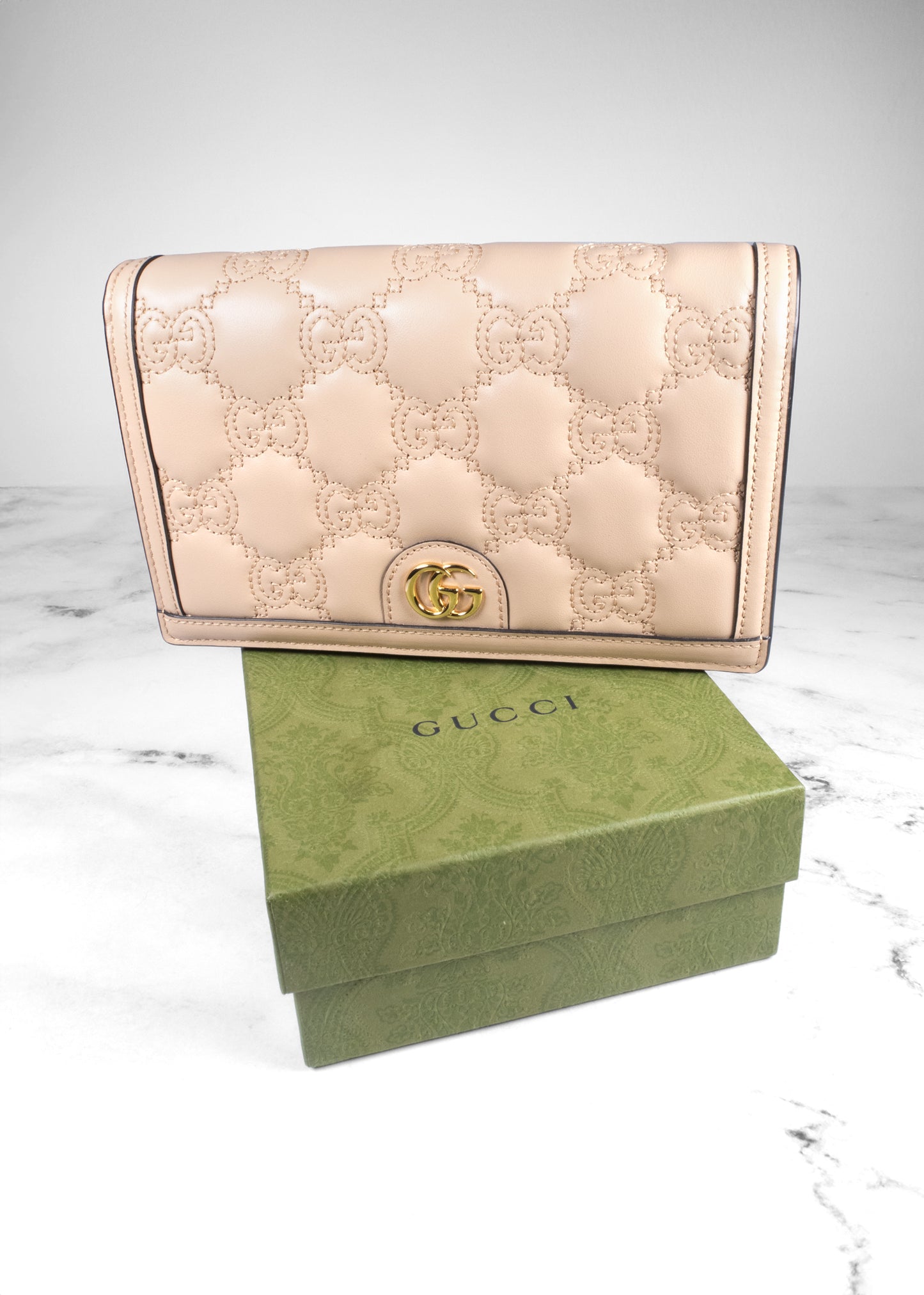 Gucci Rose Beige GG Matelasse Leather Wallet On Chain