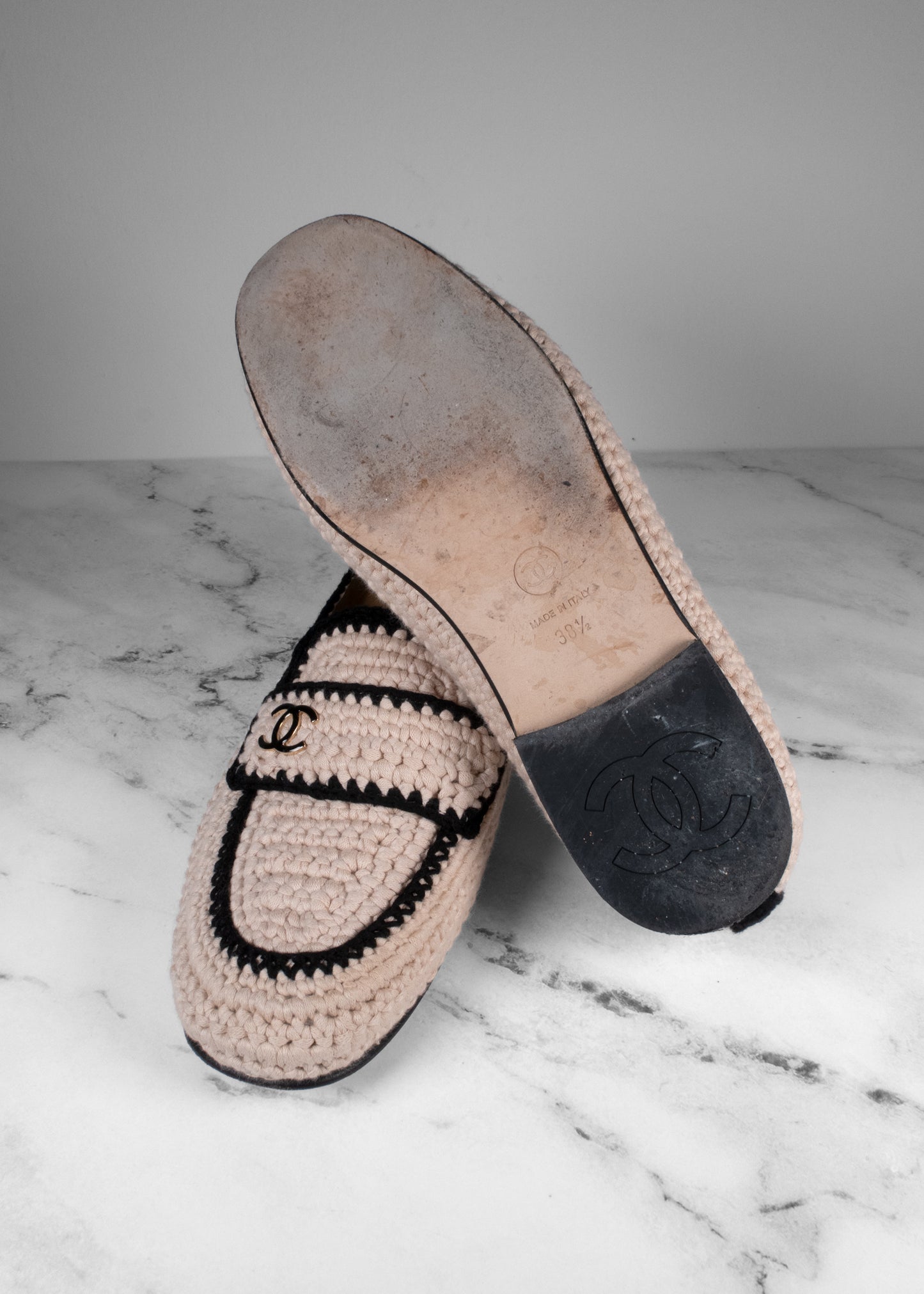 Chanel Interlocking CC Logo Crochet Trim Loafers