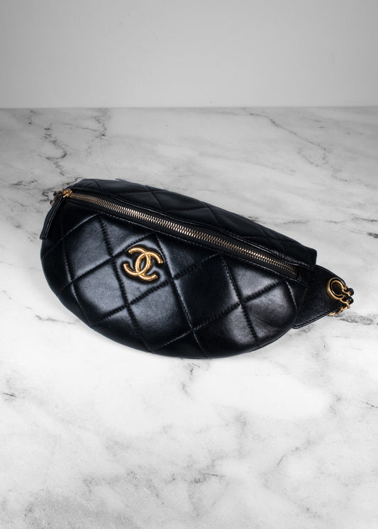Chanel 24S Black Lambskin Chanel Chain Waist Bag