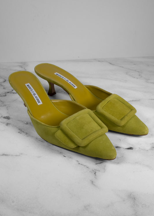 Manolo Blahnik Green Maysale 50 Mules