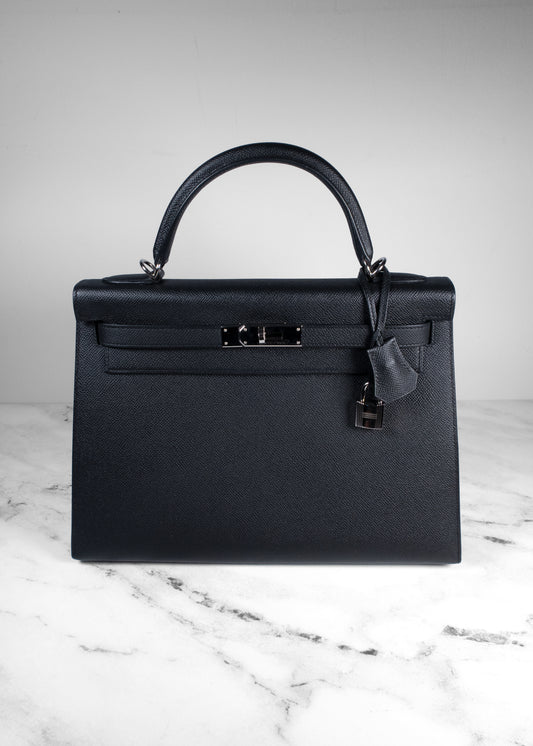 Hermès Kelly Sellier 32 Black Epsom Palladium Hardware
