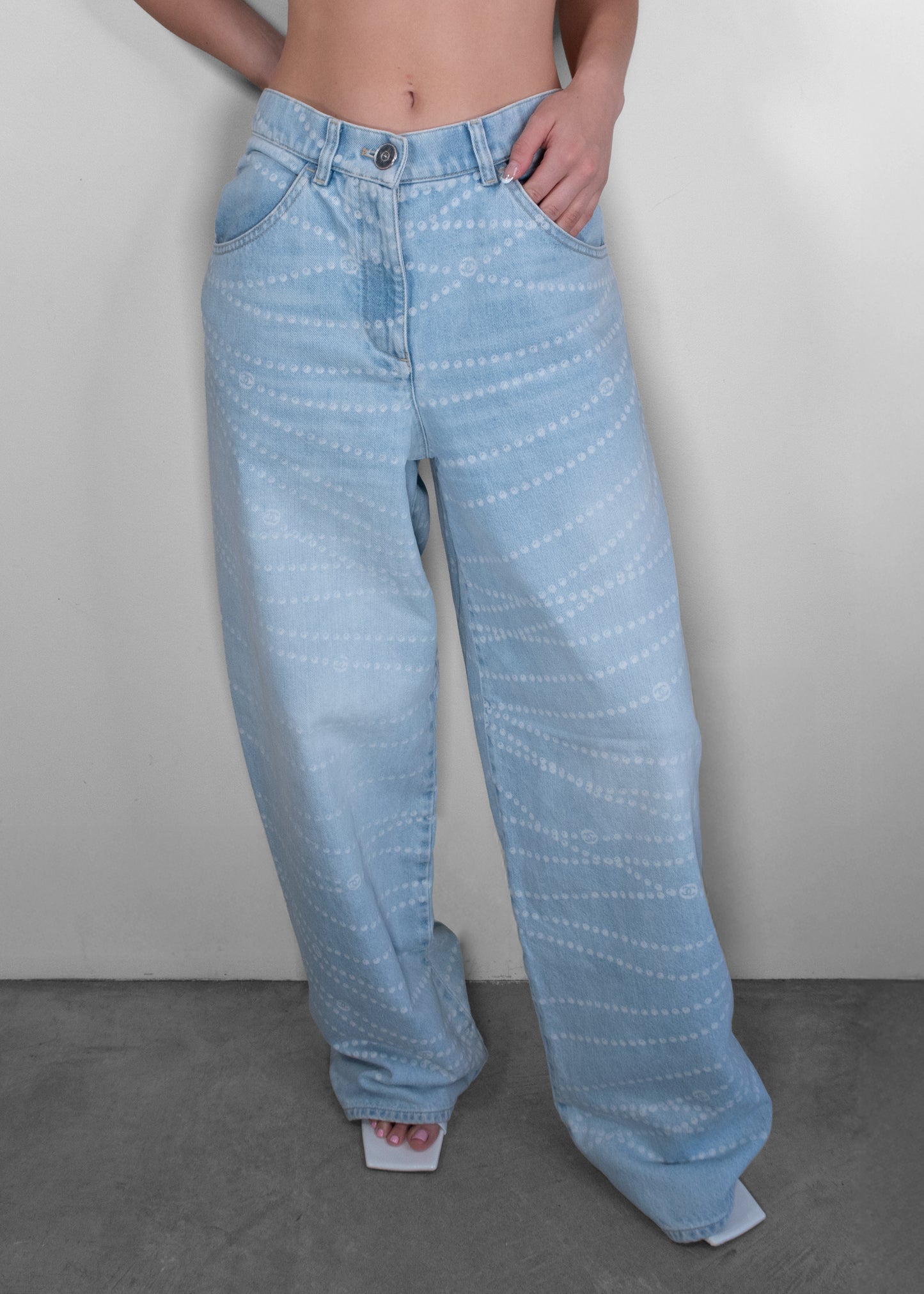 Chanel 2025 Pearl Print Wide Leg Jeans