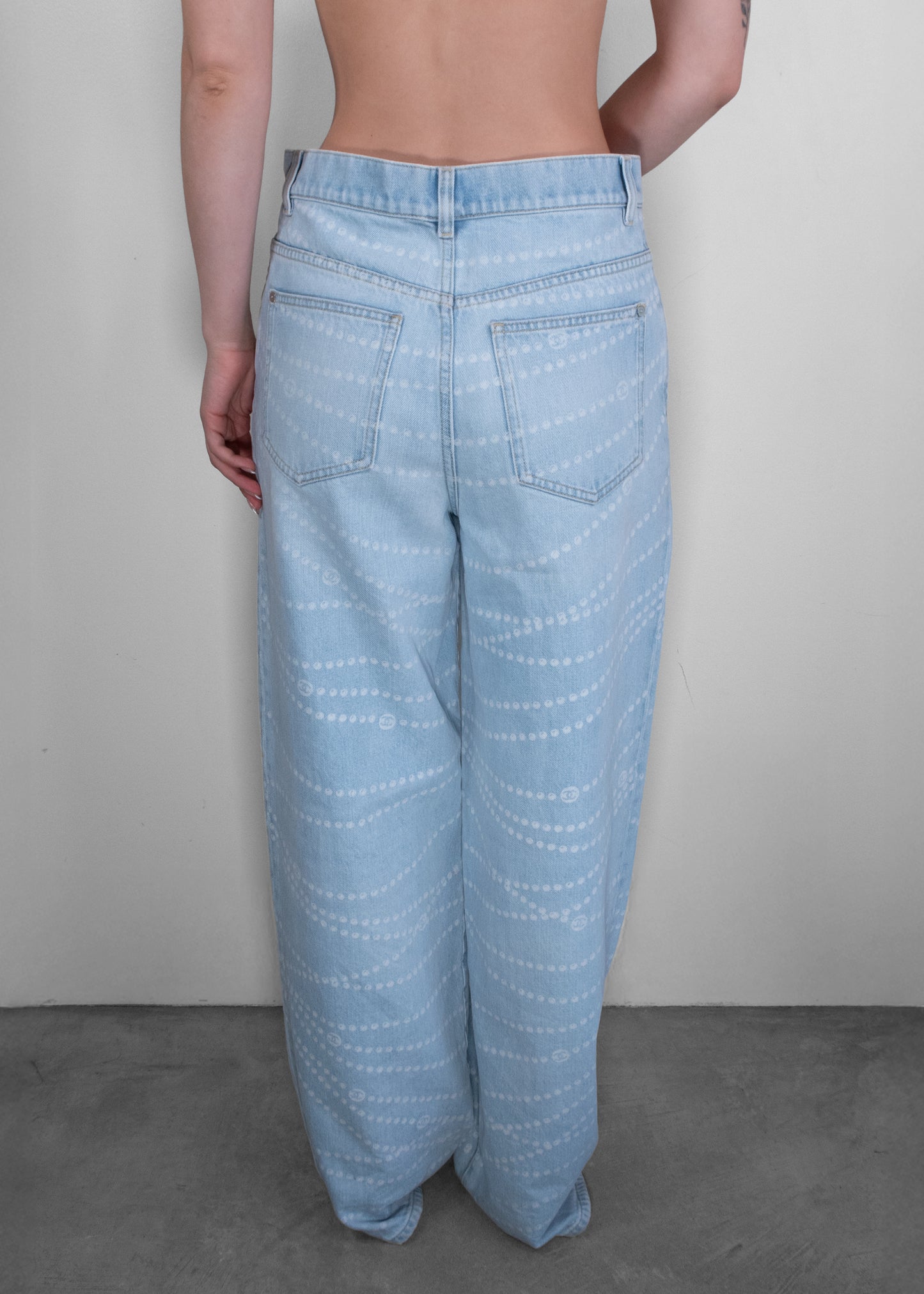 Chanel 2025 Pearl Print Wide Leg Jeans