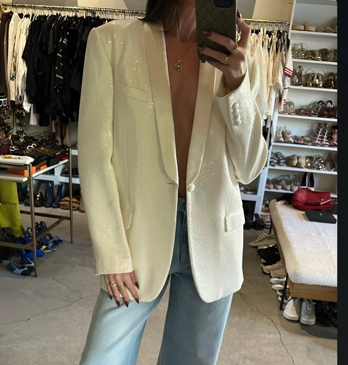 Celine Cream Sequin Tuxedo Blazer