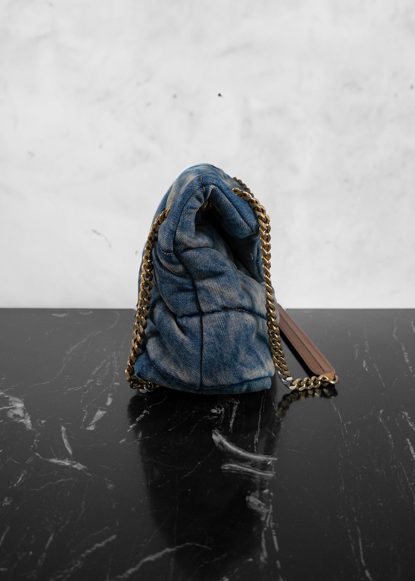 Saint Laurent Denim Quilted Blue Cinnamon Small Loulou Puffer Monogram Chain Satchel
