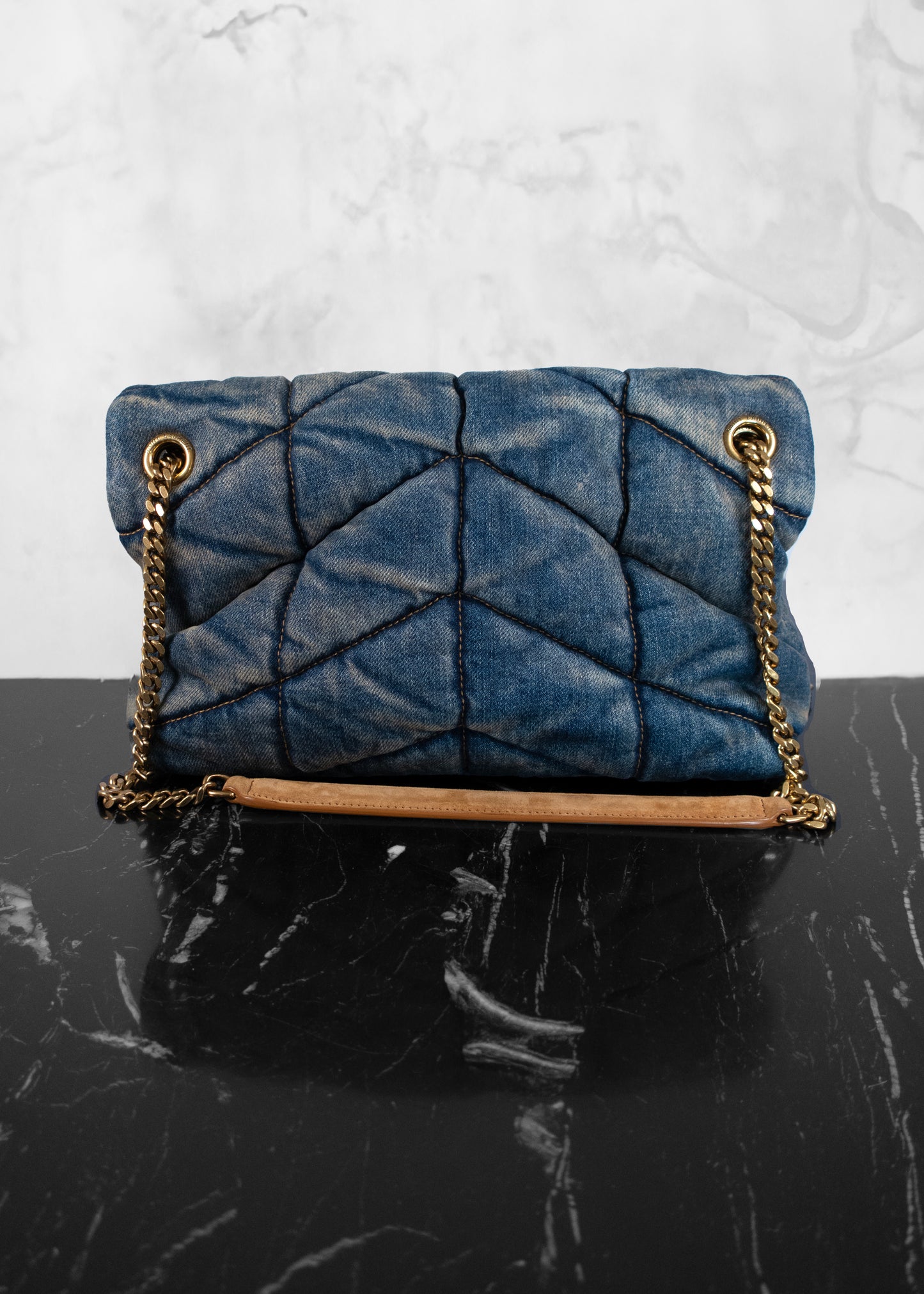 Saint Laurent Denim Quilted Blue Cinnamon Small Loulou Puffer Monogram Chain Satchel