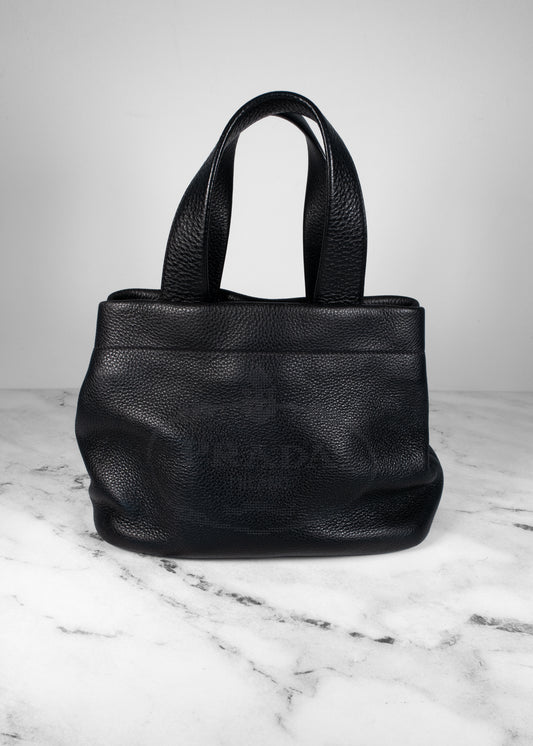 Prada Punching Logo Black Leather Tote Bag