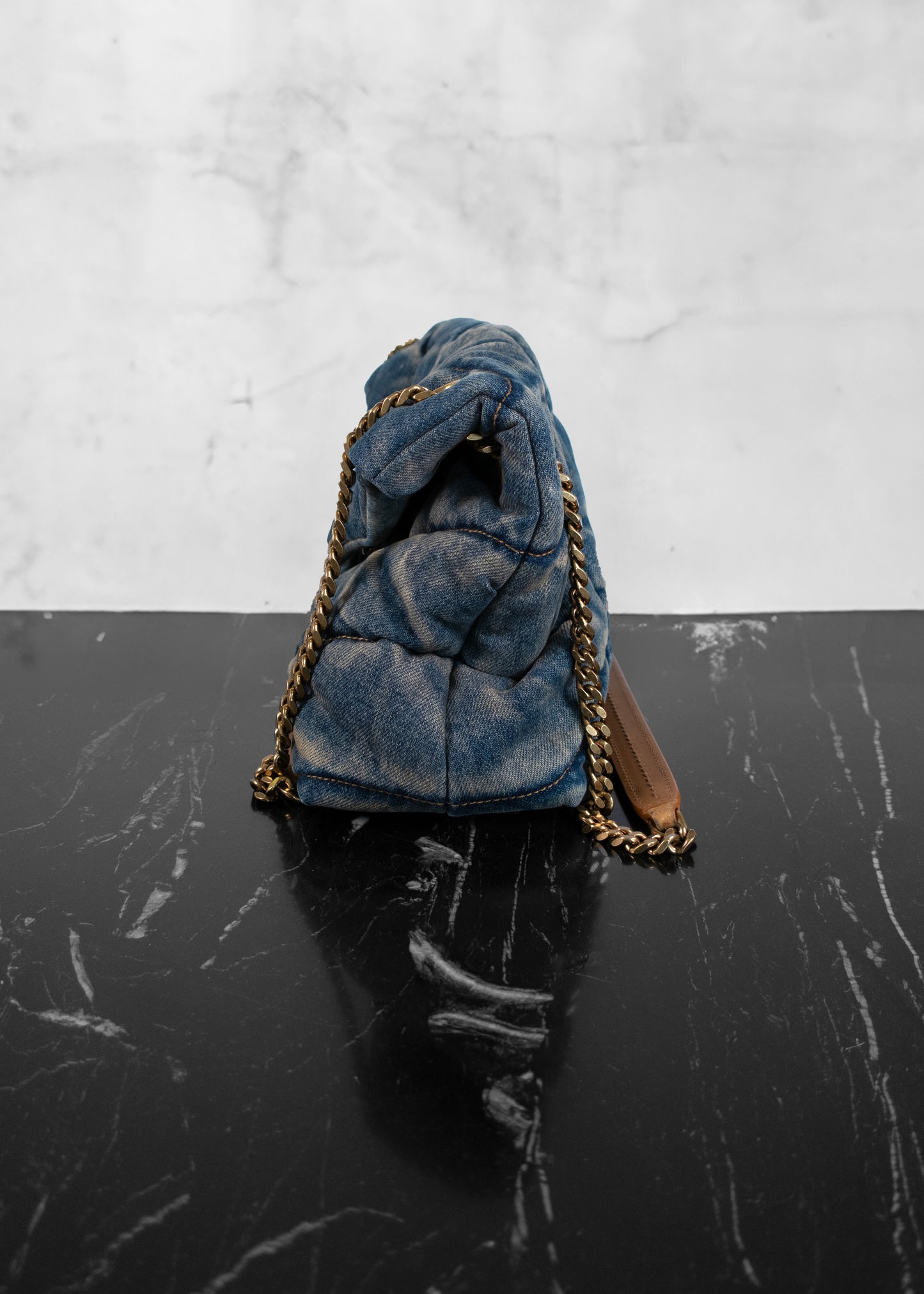 Saint Laurent Denim Quilted Blue Cinnamon Small Loulou Puffer Monogram Chain Satchel