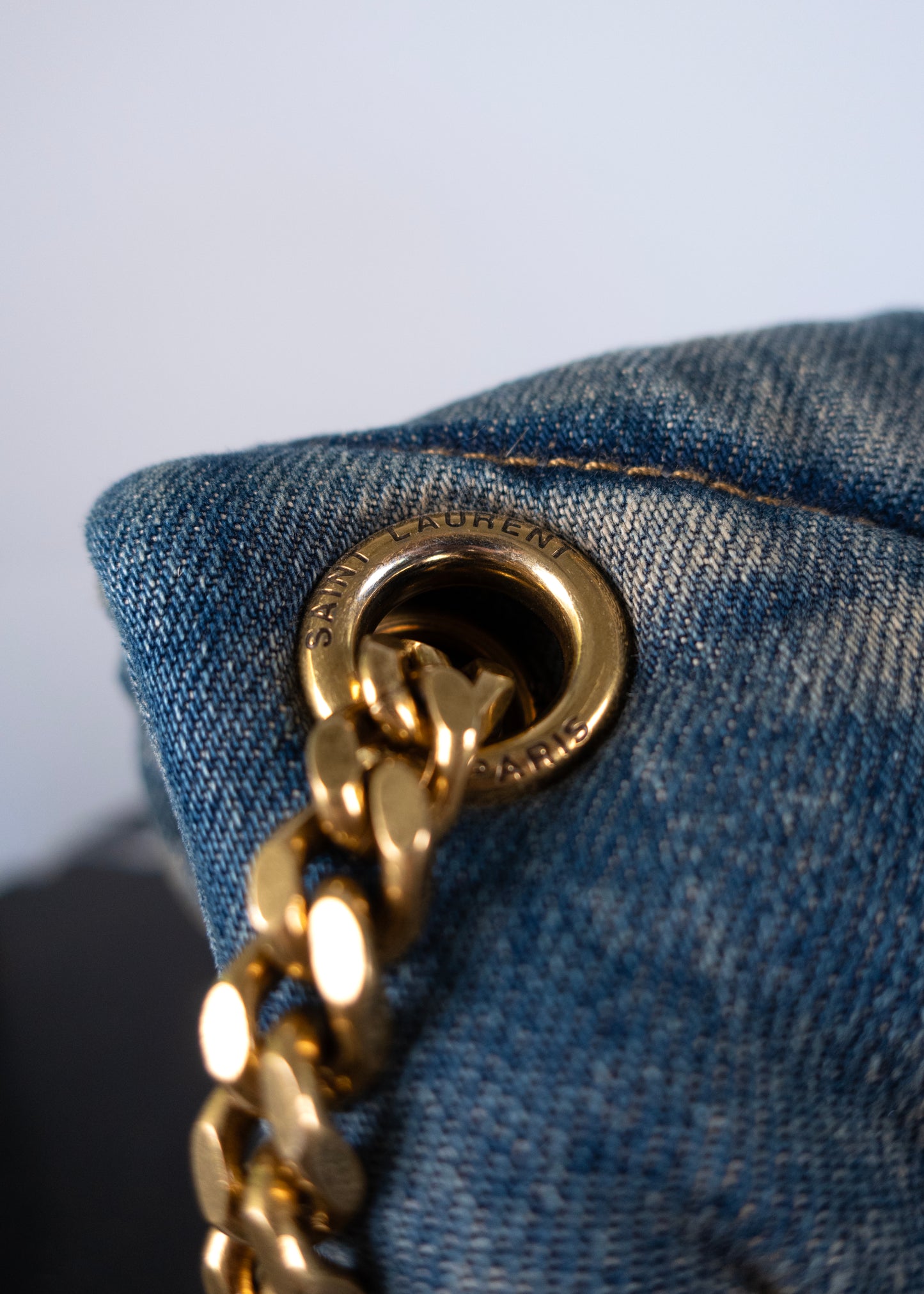 Saint Laurent Denim Quilted Blue Cinnamon Small Loulou Puffer Monogram Chain Satchel