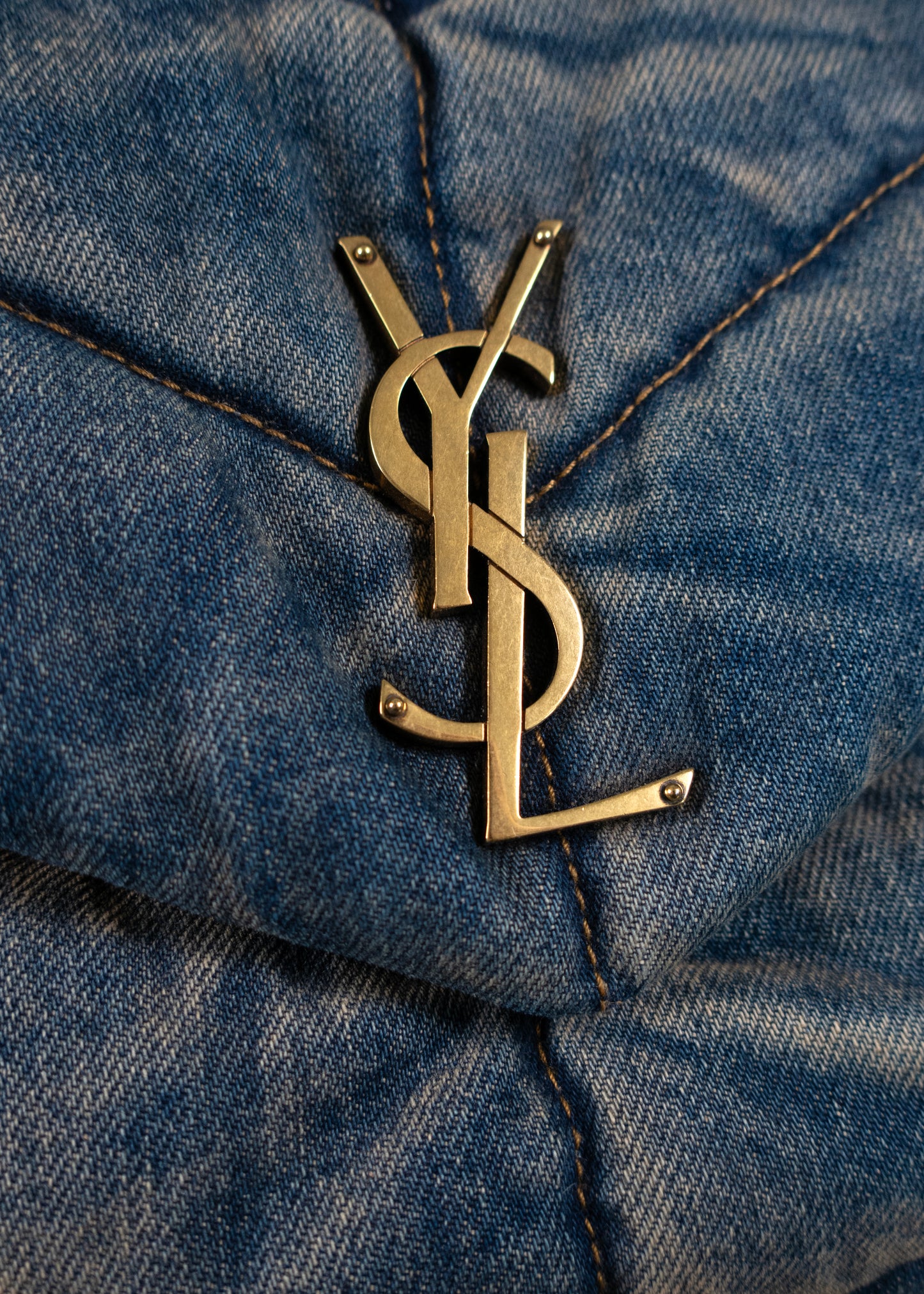 Saint Laurent Denim Quilted Blue Cinnamon Small Loulou Puffer Monogram Chain Satchel