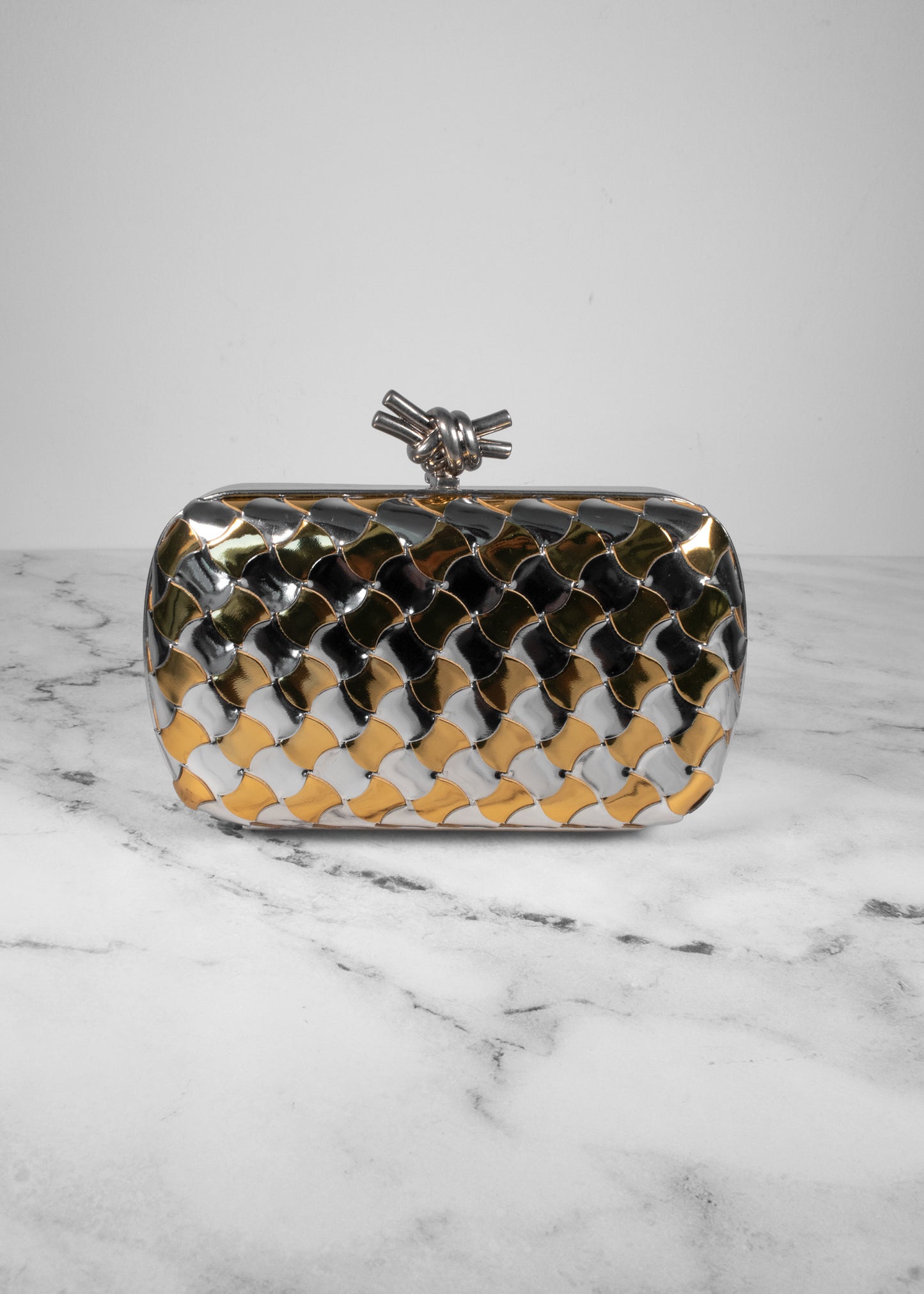 Bottega Veneta Knot Pavimento Metallic Leather Clutch