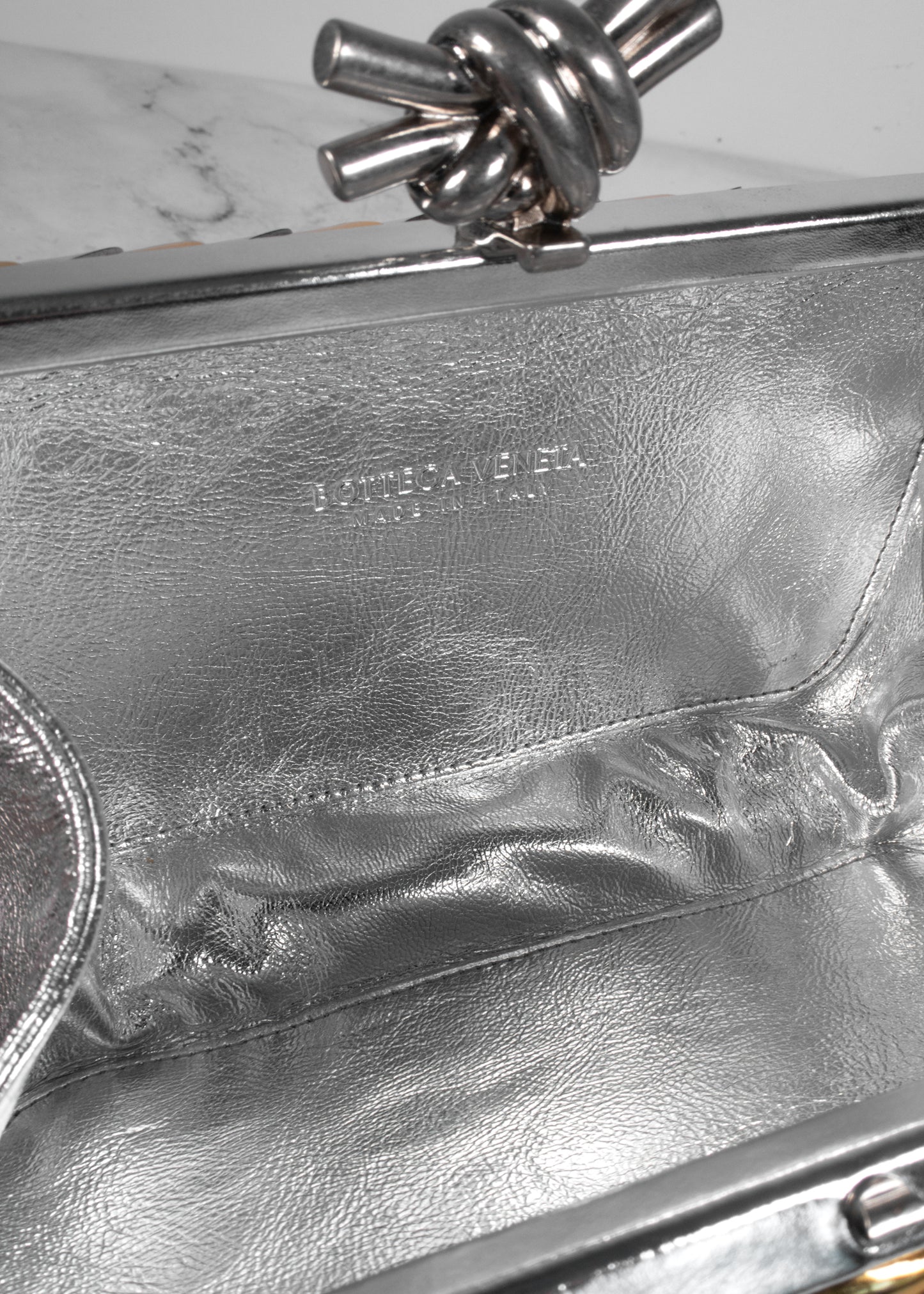 Bottega Veneta Knot Pavimento Metallic Leather Clutch