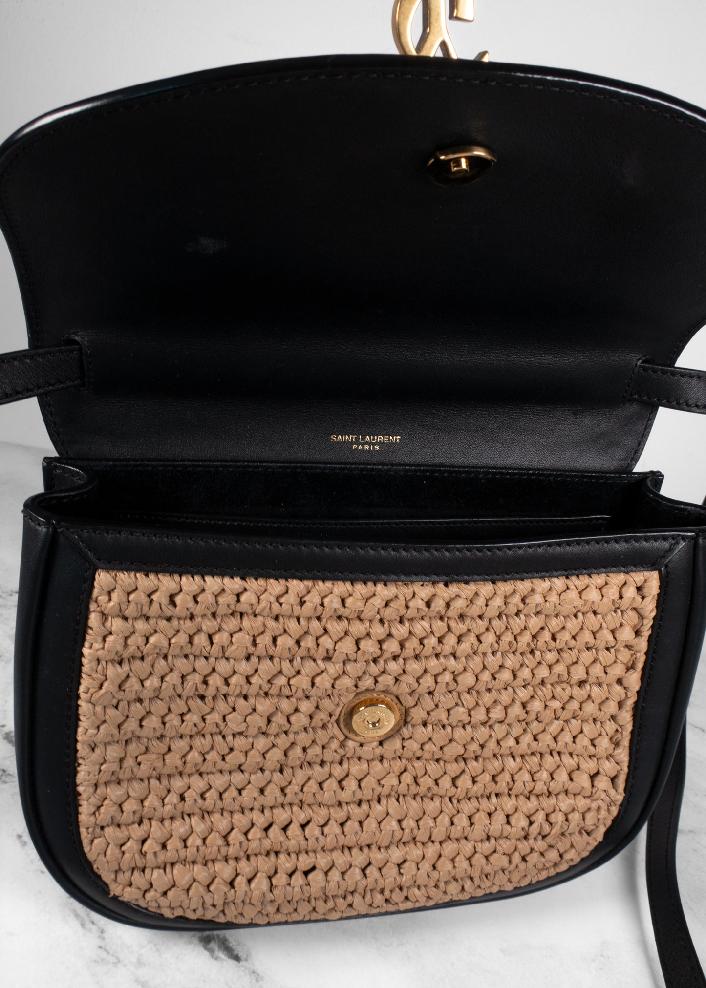 Saint Laurent Woven Raffia Monogram Kaia Satchel