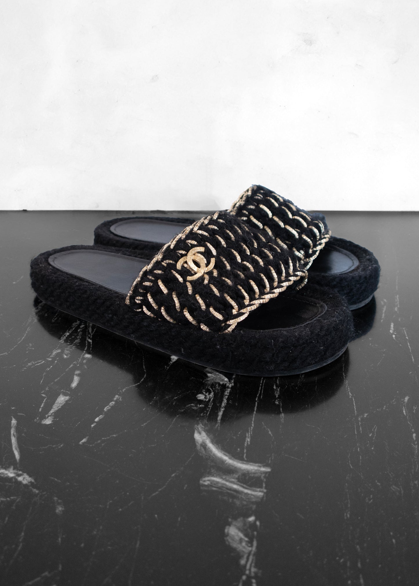 Chanel Braided Knit Black Gold CC Mules