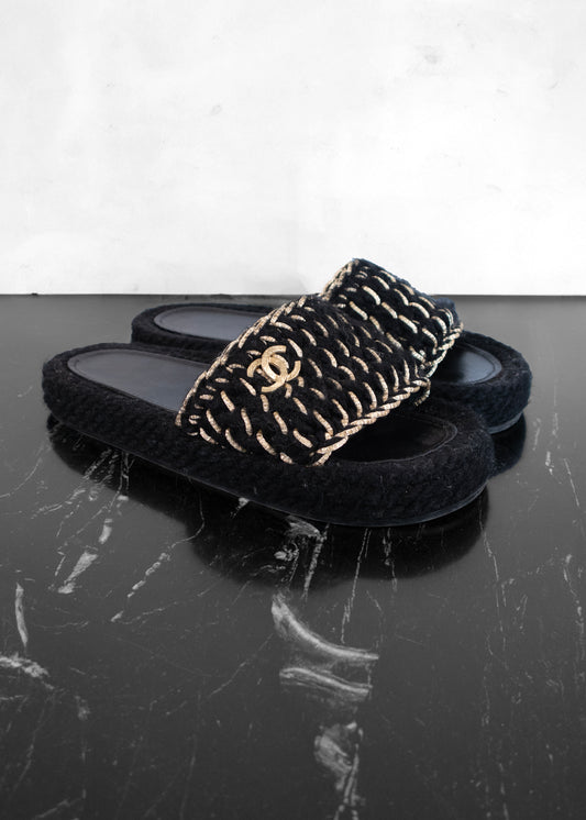 Chanel Braided Knit Black Gold CC Mules