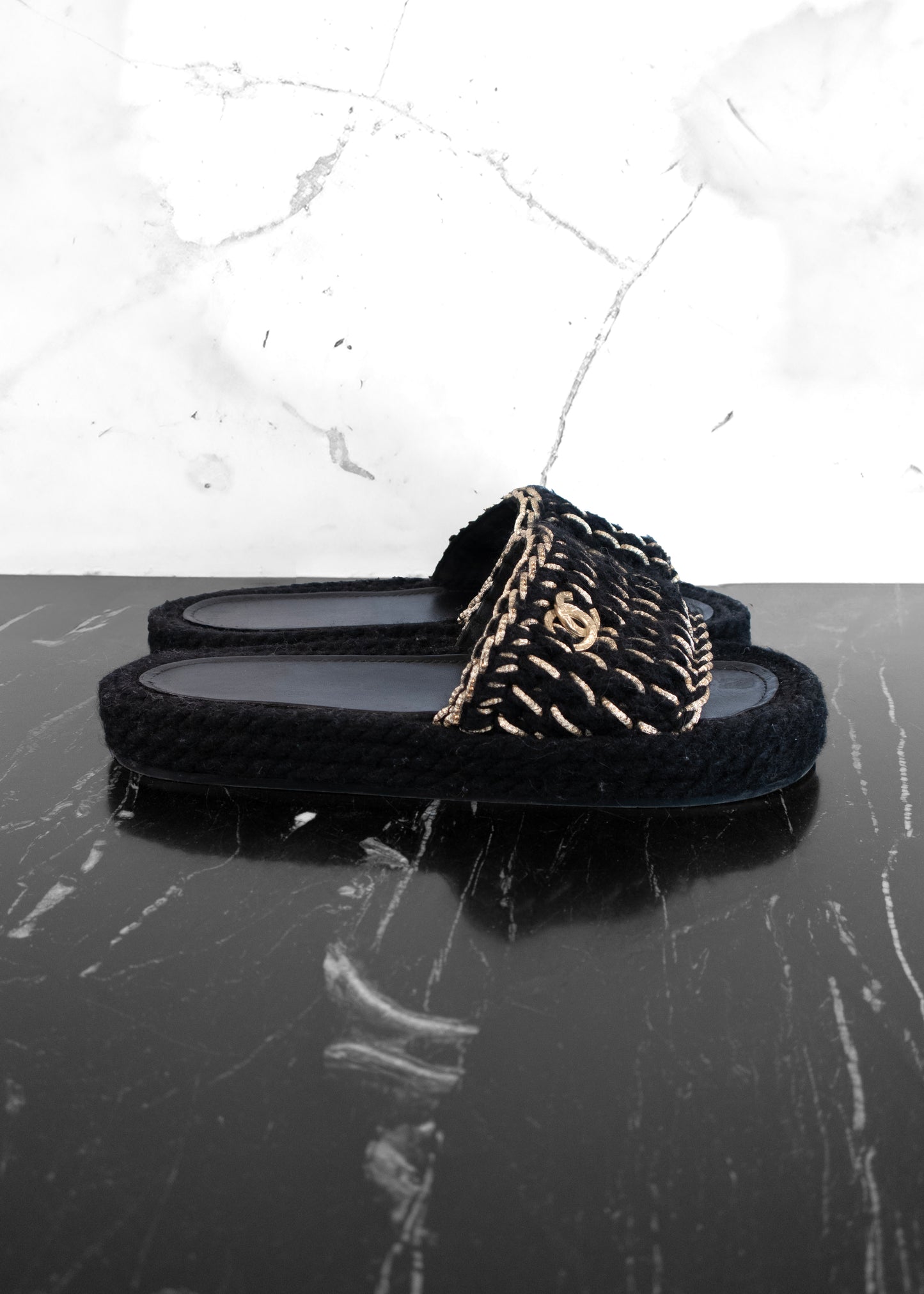 Chanel Braided Knit Black Gold CC Mules