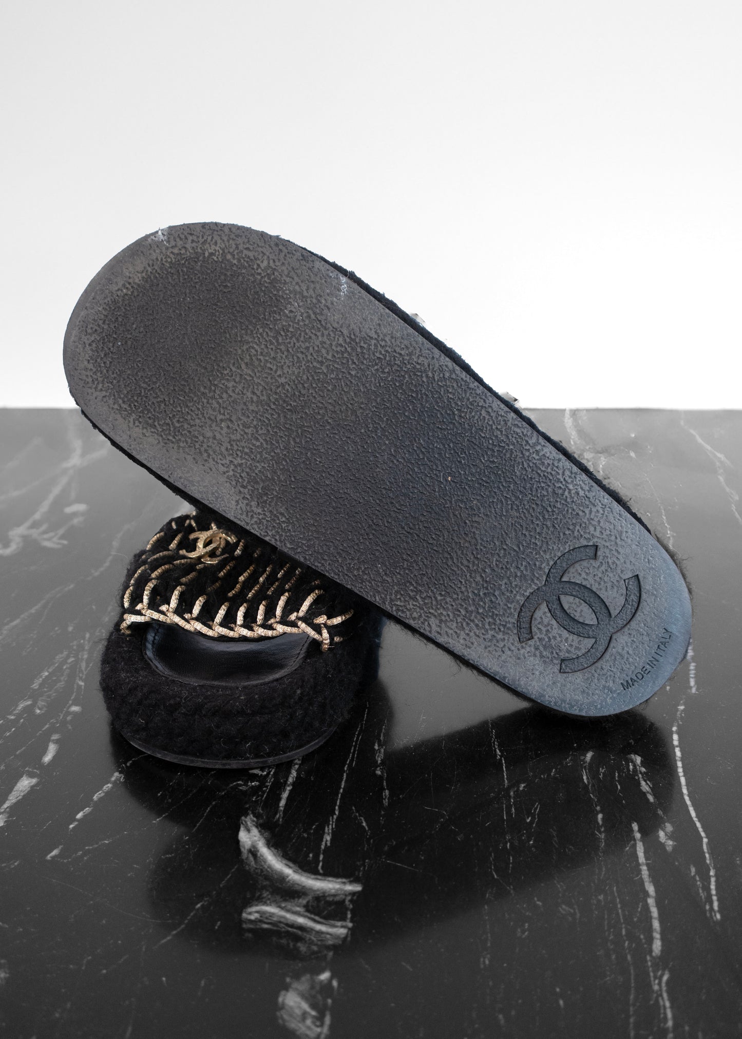 Chanel Braided Knit Black Gold CC Mules