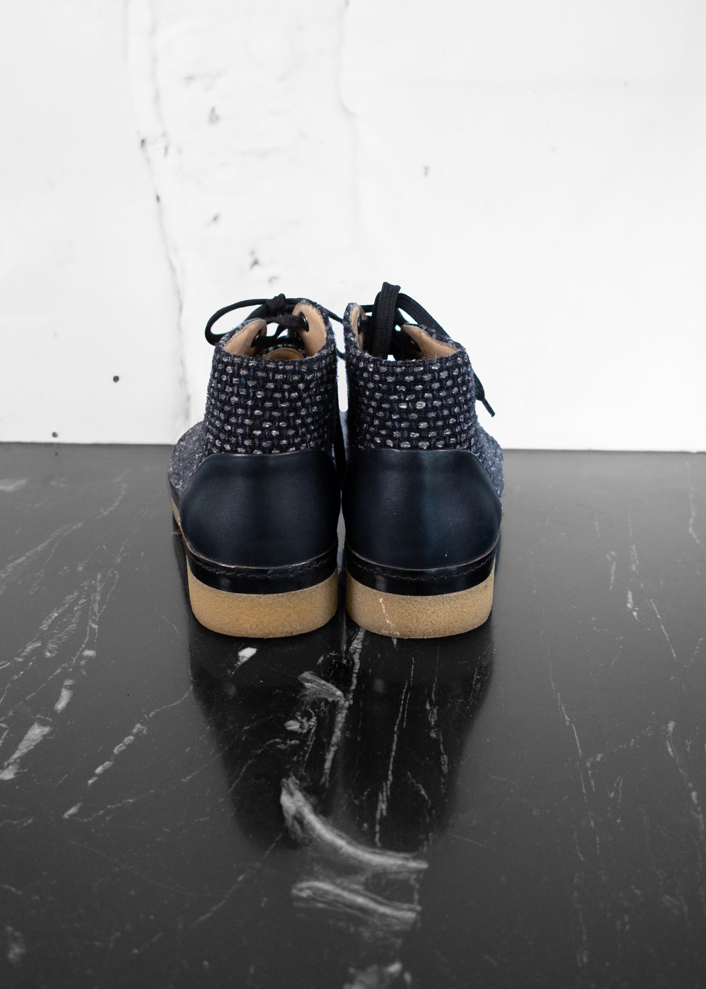 Chanel Tweed Calfskin Patent CC Lace Up Short Boots