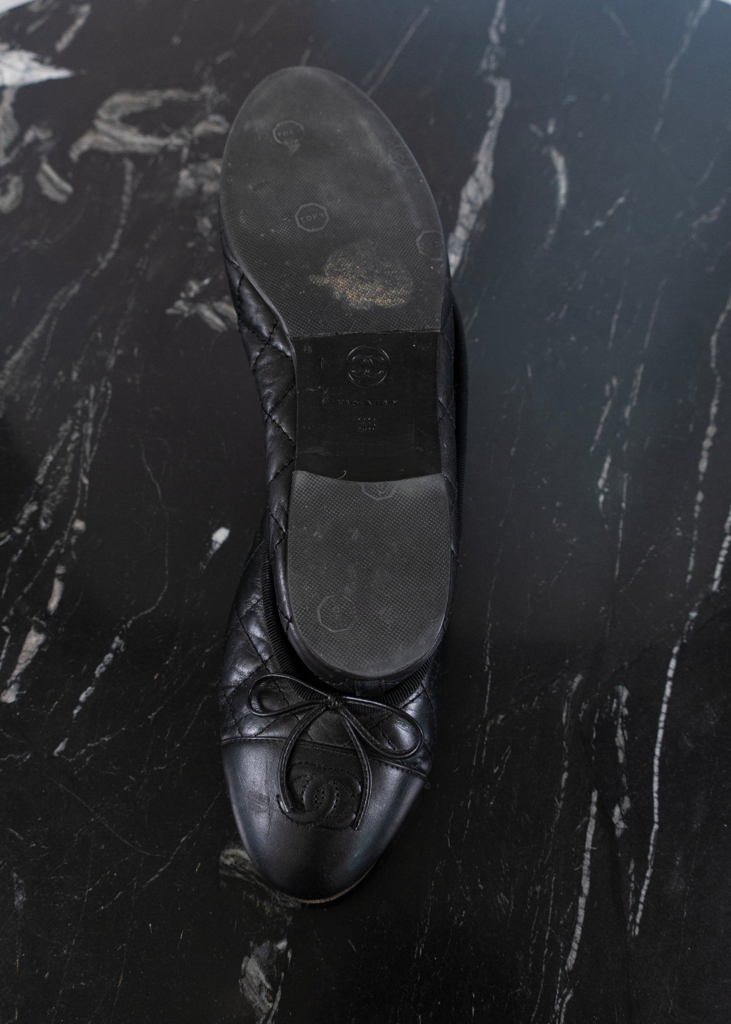 Chanel Black Quilted Leather CC Bow Cap Toe Ballet Flats