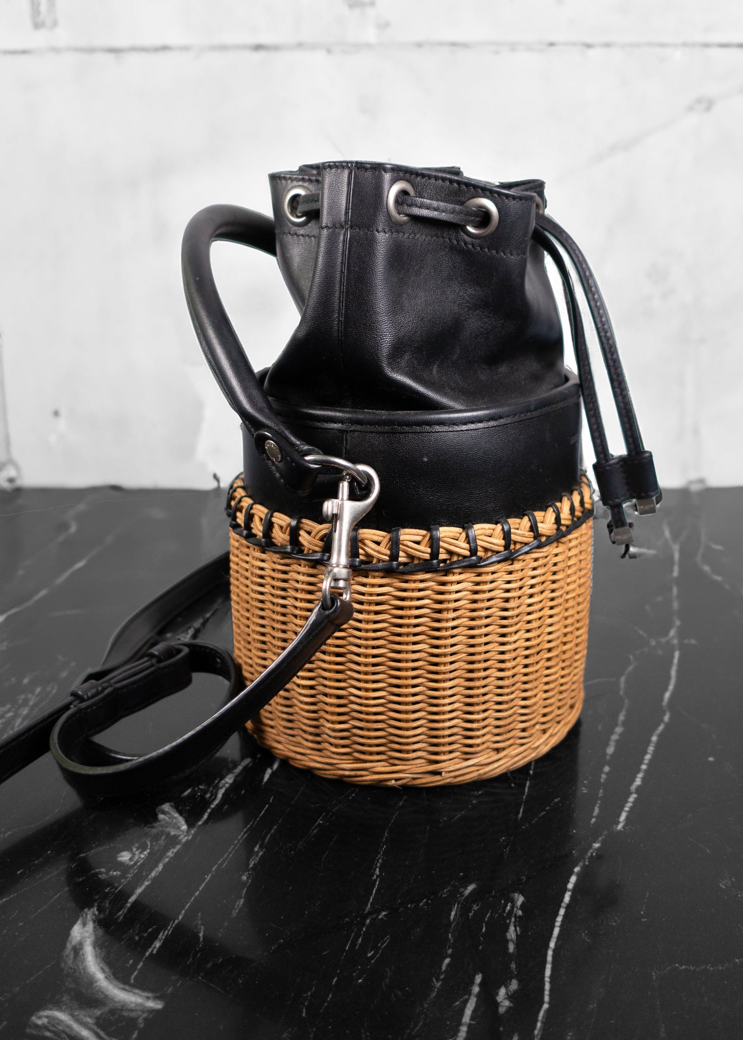 Saint Laurent Calfskin Wicker Small Bahia Bucket Bag