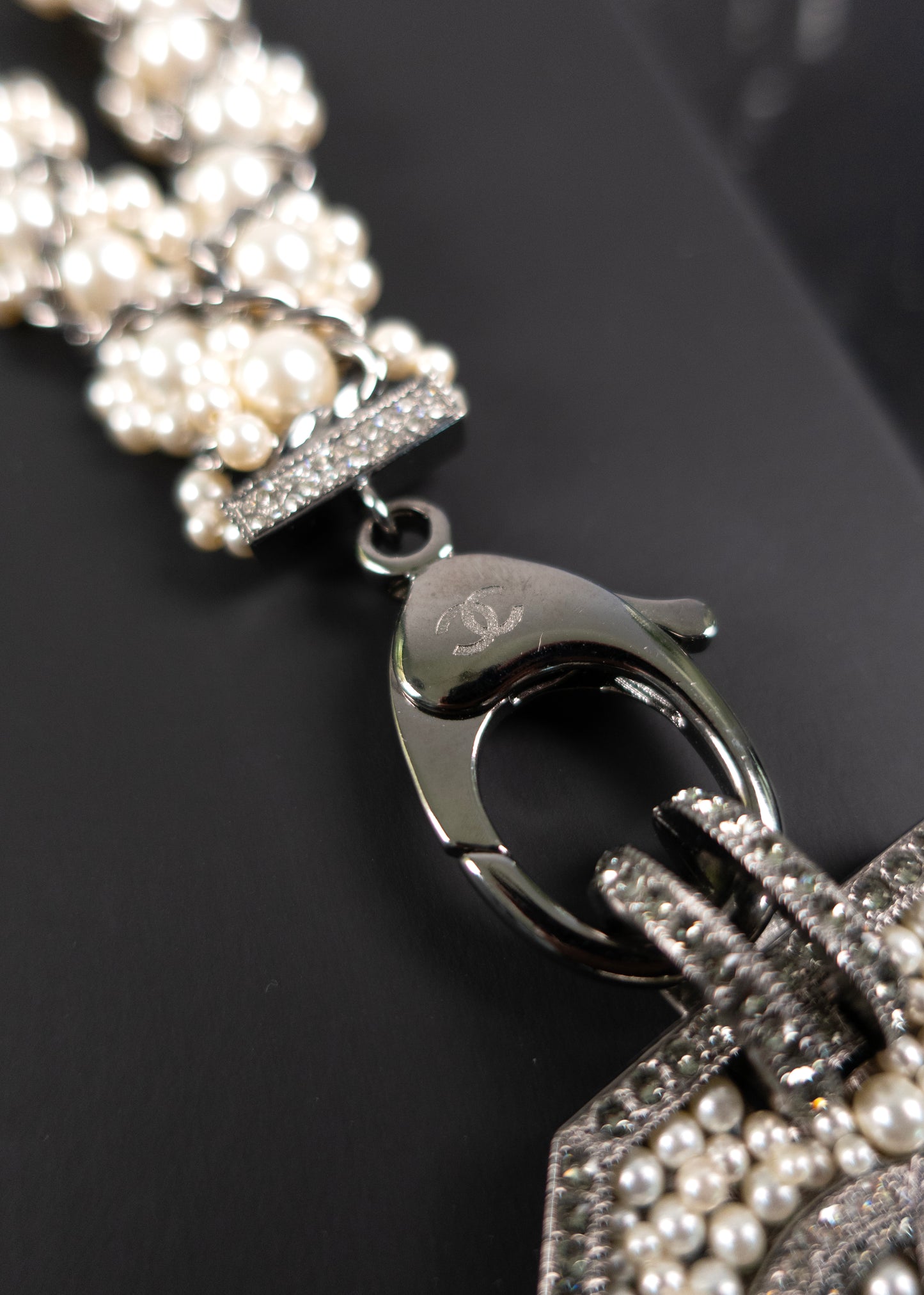 Chanel Pearl & Strass Lanvard CC Logo Pendant Necklace