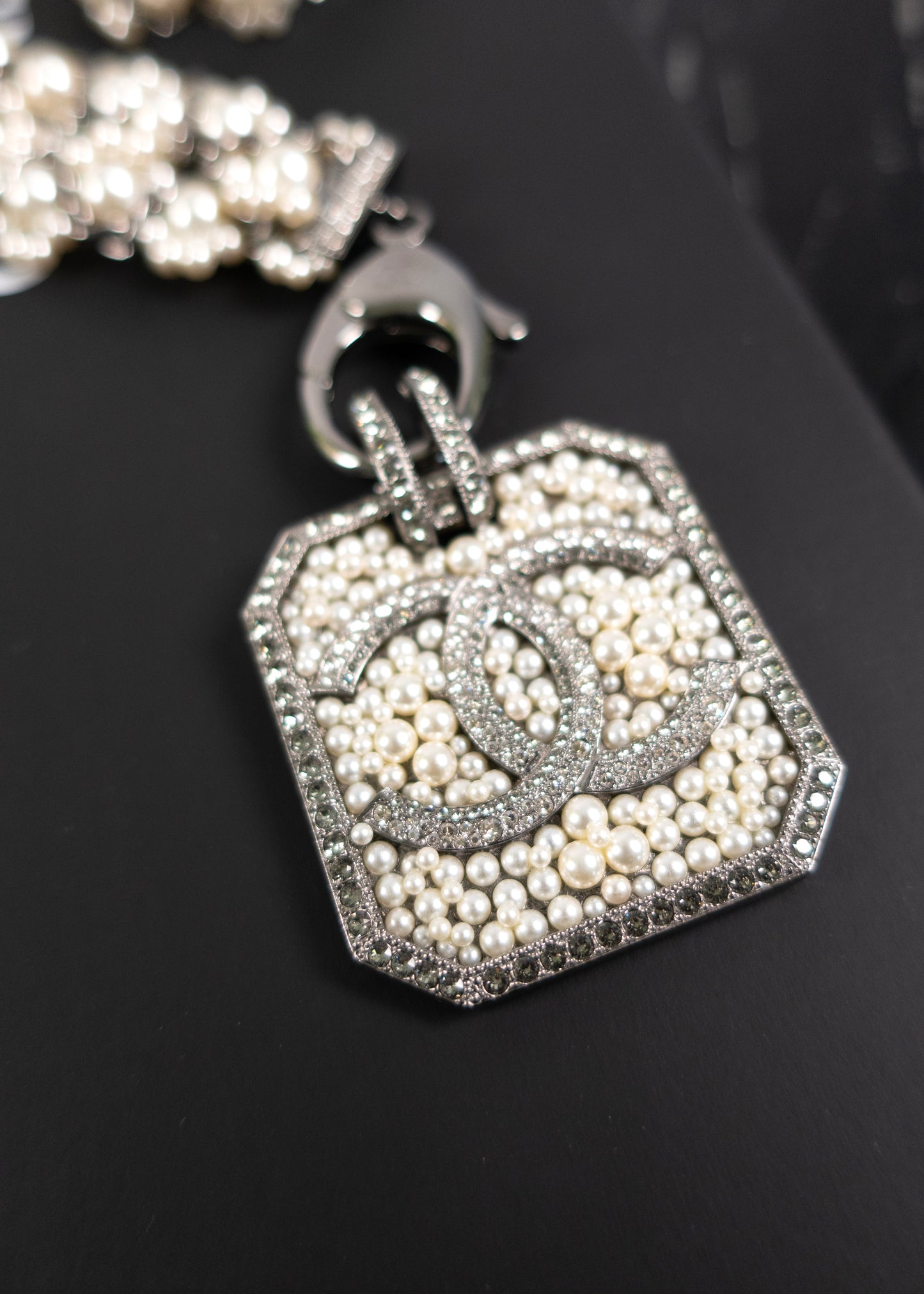 Chanel Pearl & Strass Lanvard CC Logo Pendant Necklace