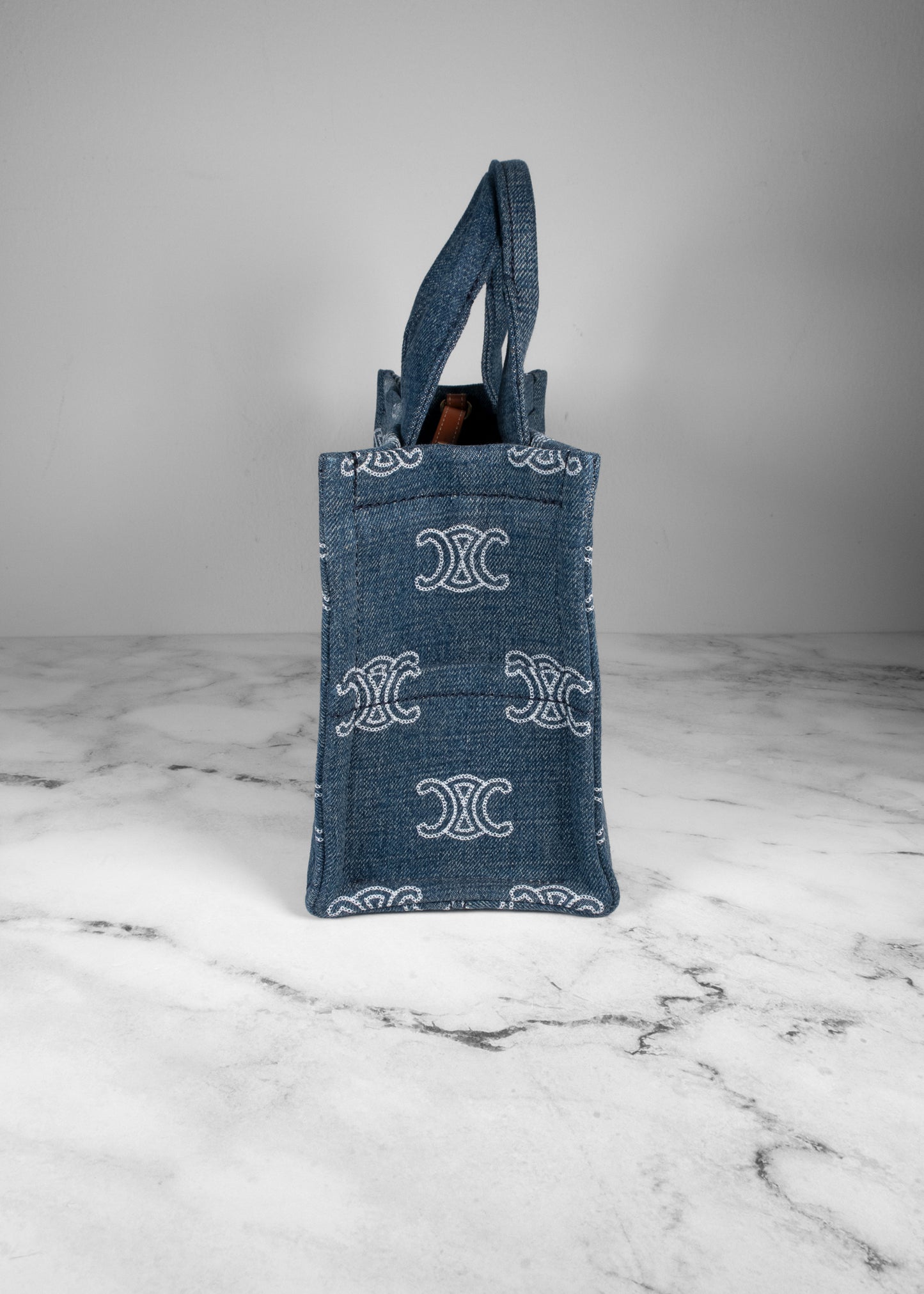 Celine Denim Calfskin Triomphe Print Handbag