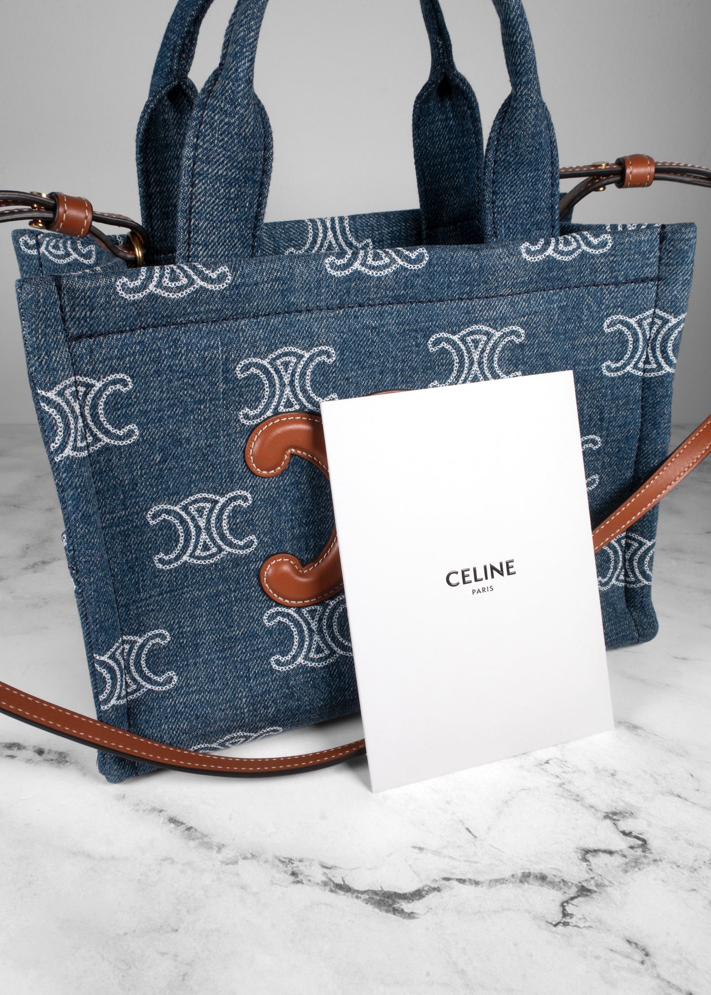 Celine Denim Calfskin Triomphe Print Handbag