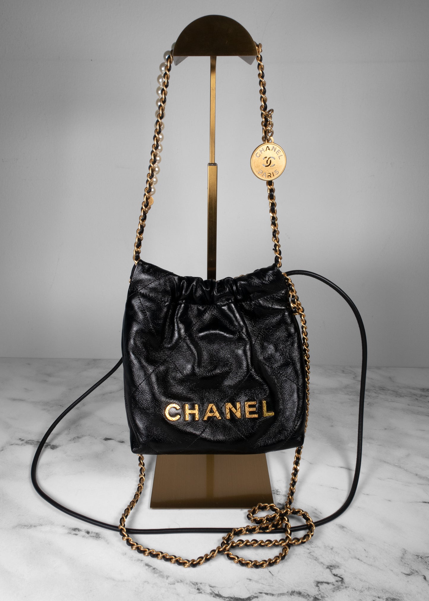 Chanel Shiny Crumpled Calfskin Quilted Pearl Mini Chanel 22 Black