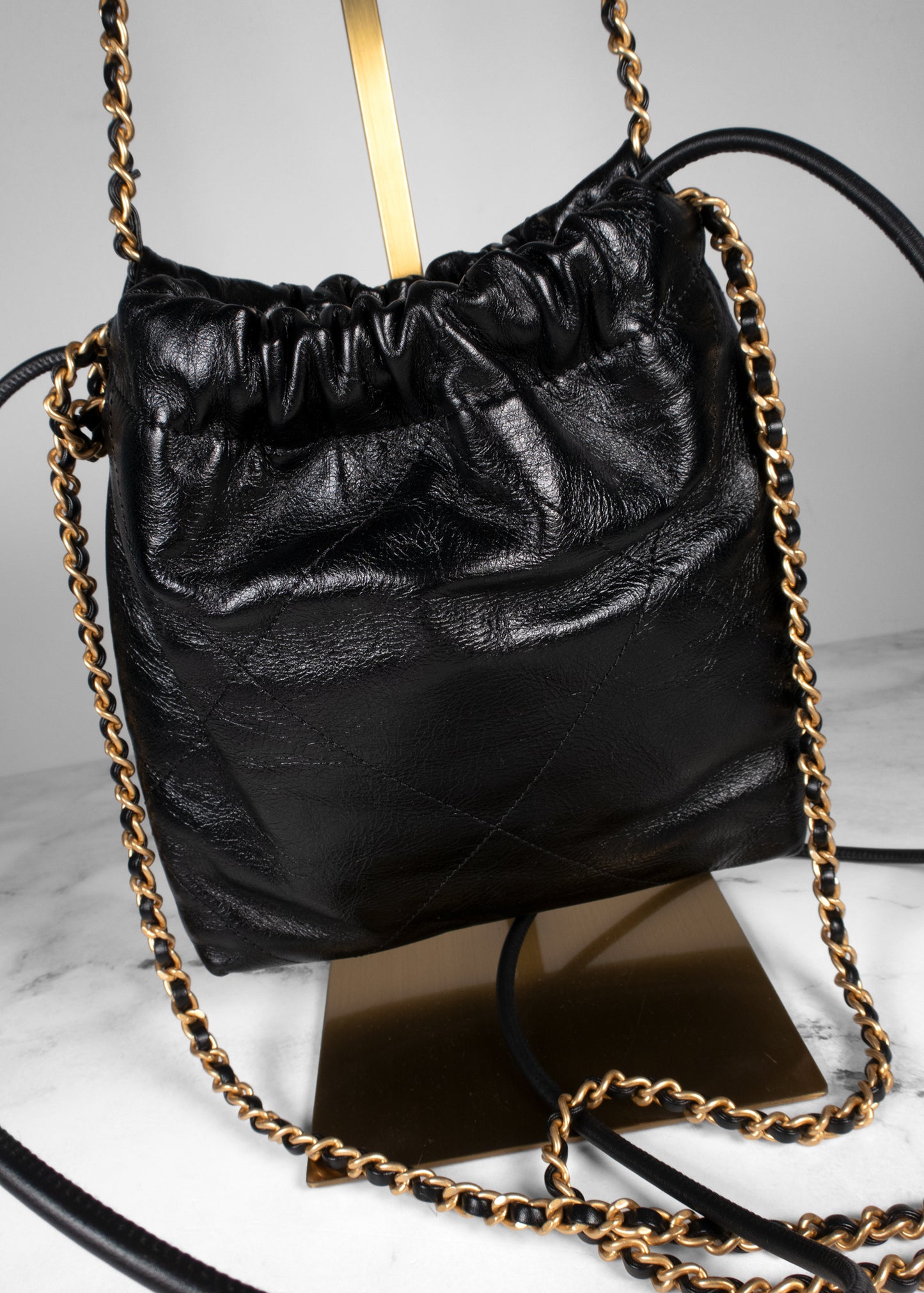 Chanel Shiny Crumpled Calfskin Quilted Pearl Mini Chanel 22 Black