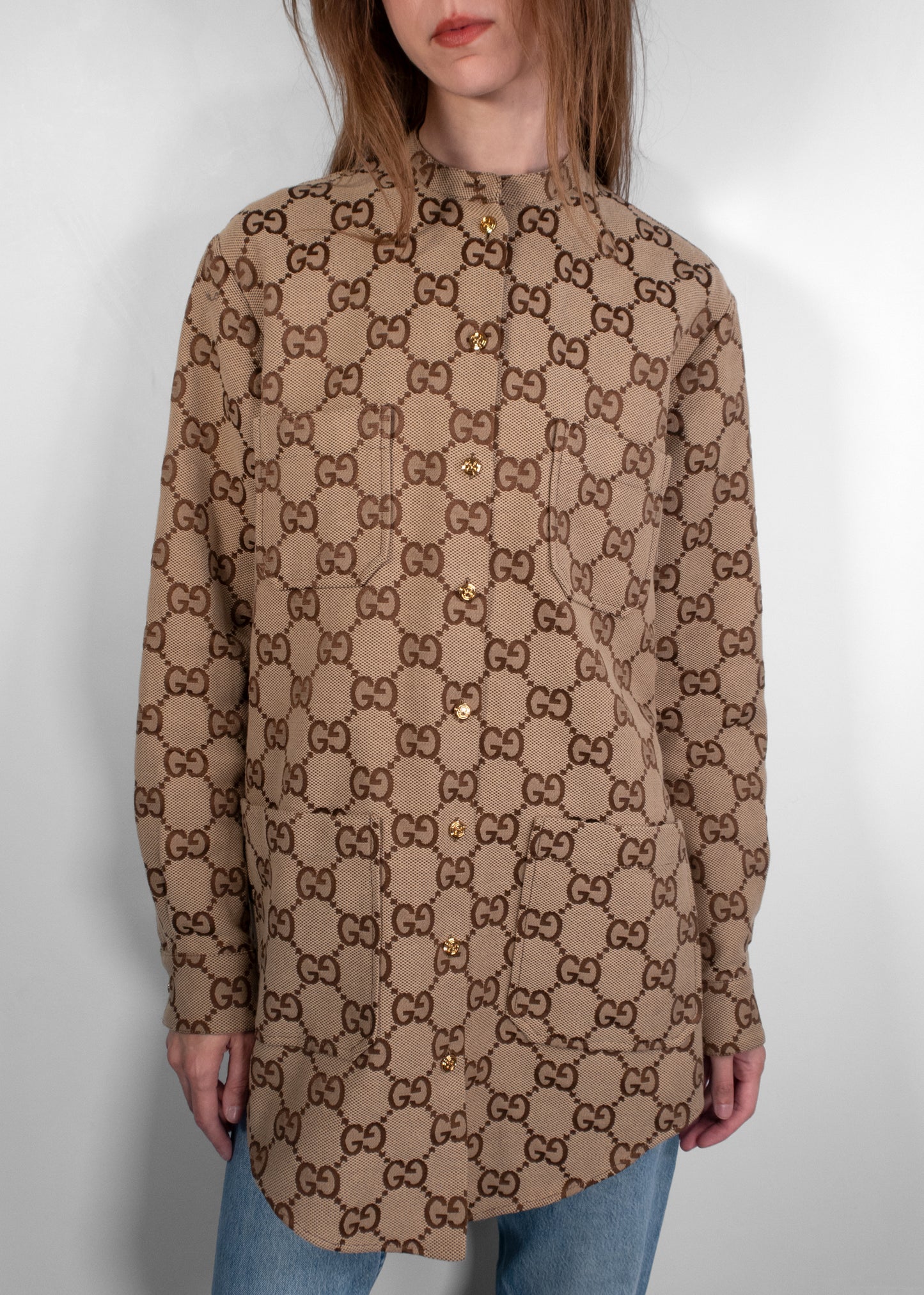 Gucci Maxi GG Canvas Shirt in Camel and Ebony