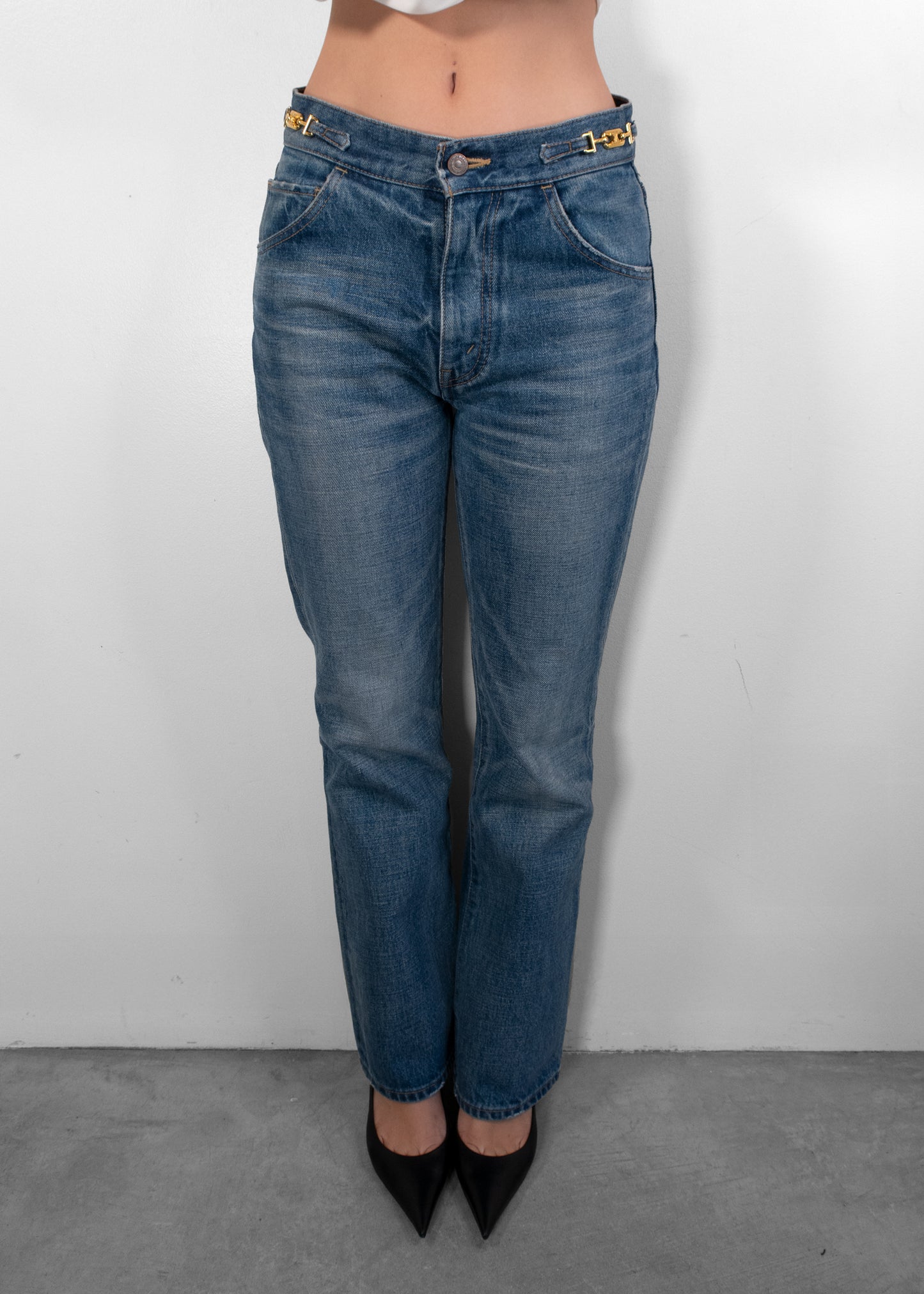 Celine Dylan Blue Washed Gold Triomphe Buckle Bootcut Jeans