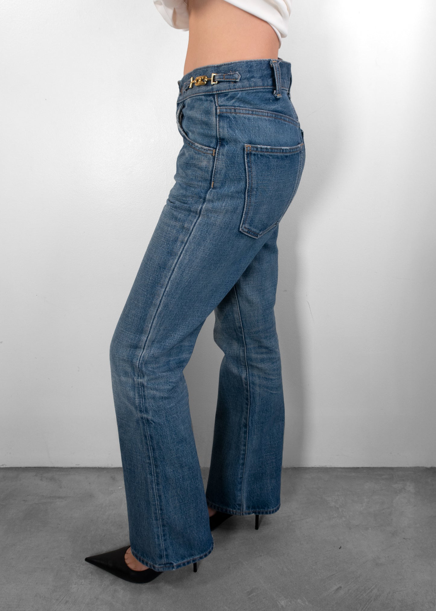 Celine Dylan Blue Washed Gold Triomphe Buckle Bootcut Jeans