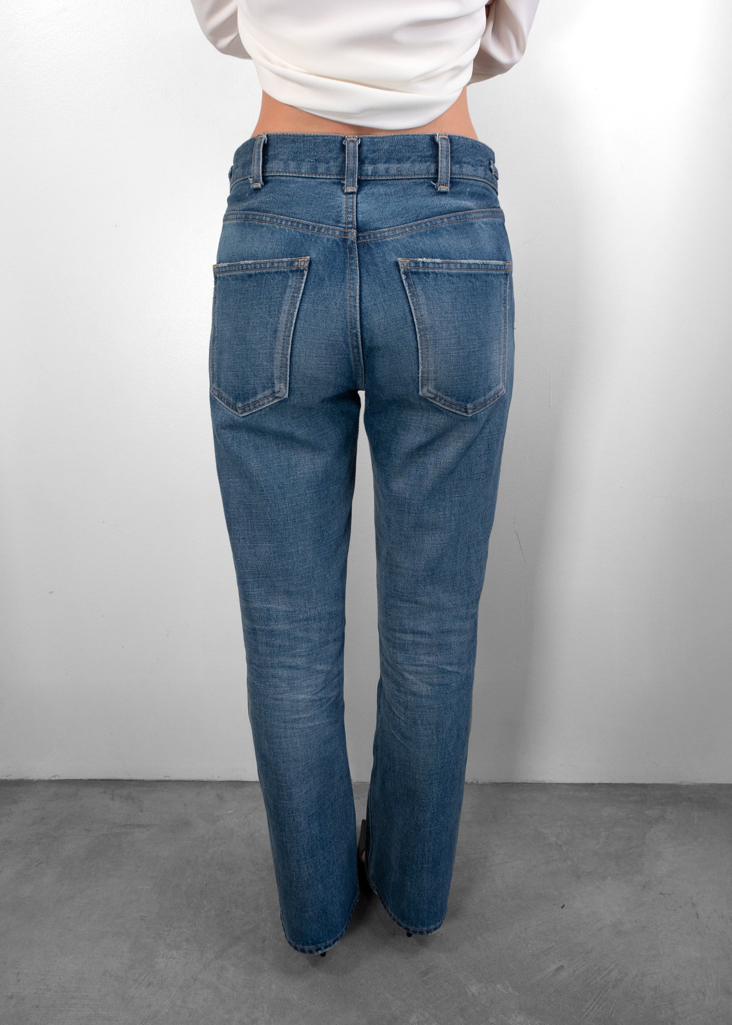 Celine Dylan Blue Washed Gold Triomphe Buckle Bootcut Jeans