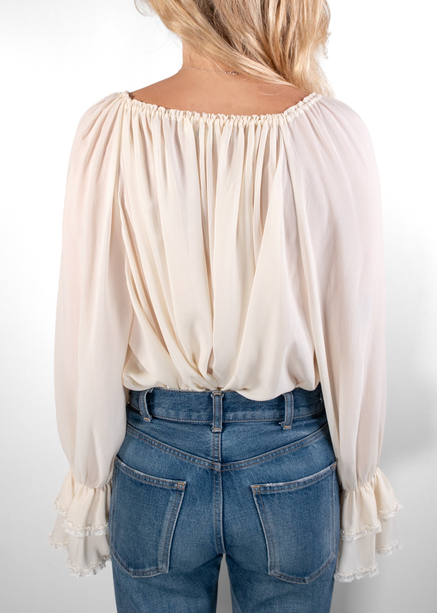 Chloé Gathered Silk V-Neck Blouse in White