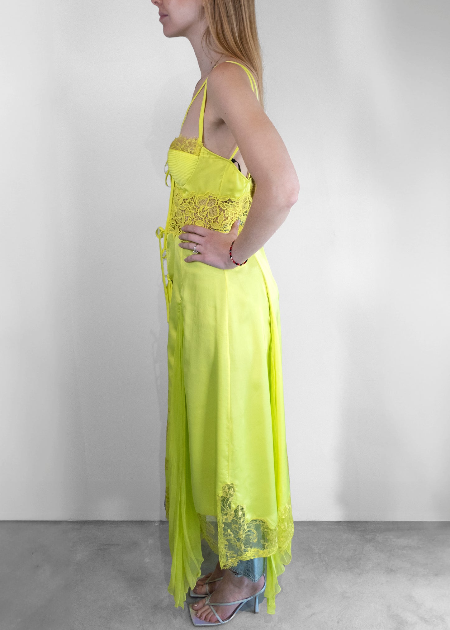 Versace Sheer-lace Asymmetric Satin Dress