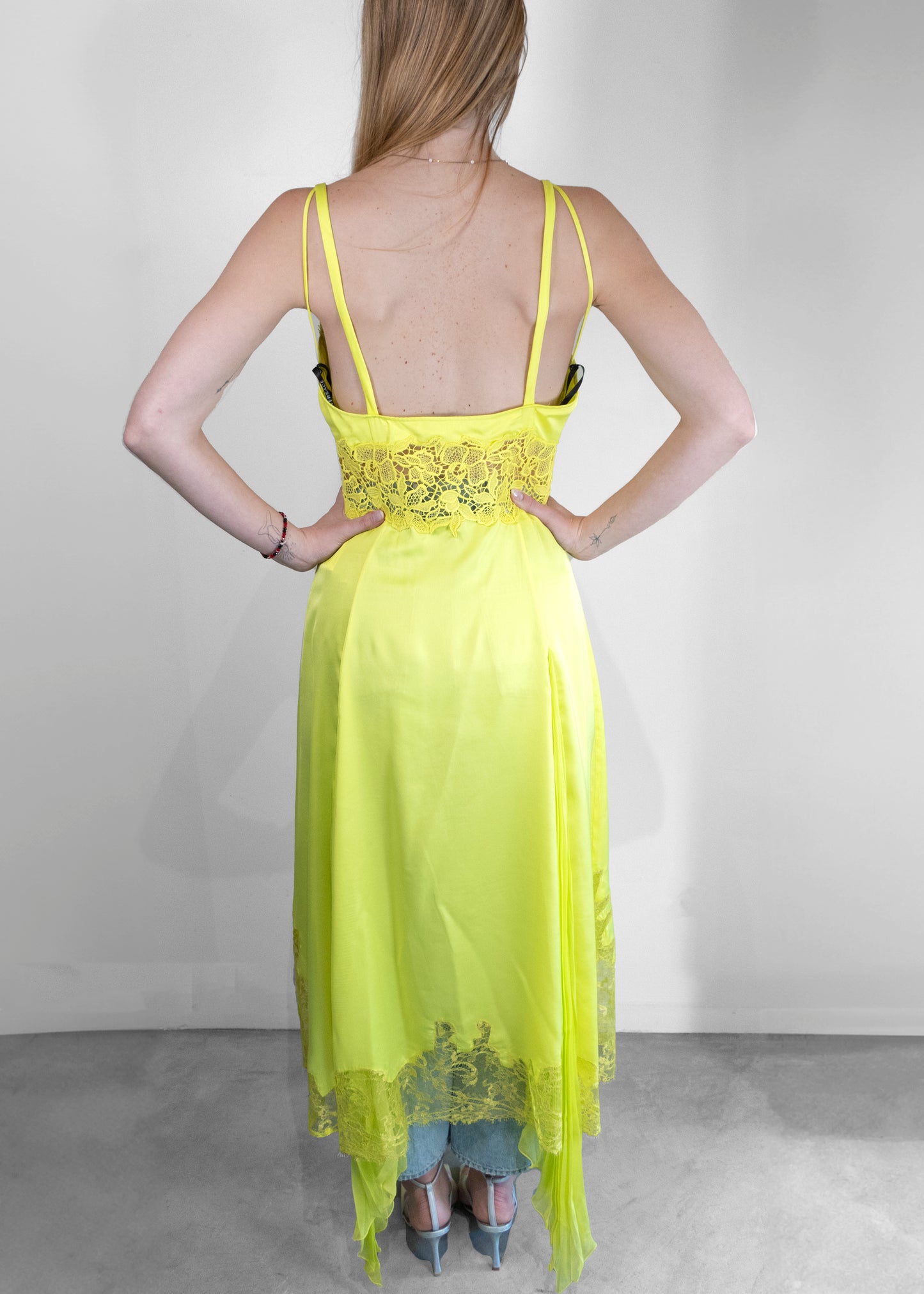 Versace Sheer-lace Asymmetric Satin Dress