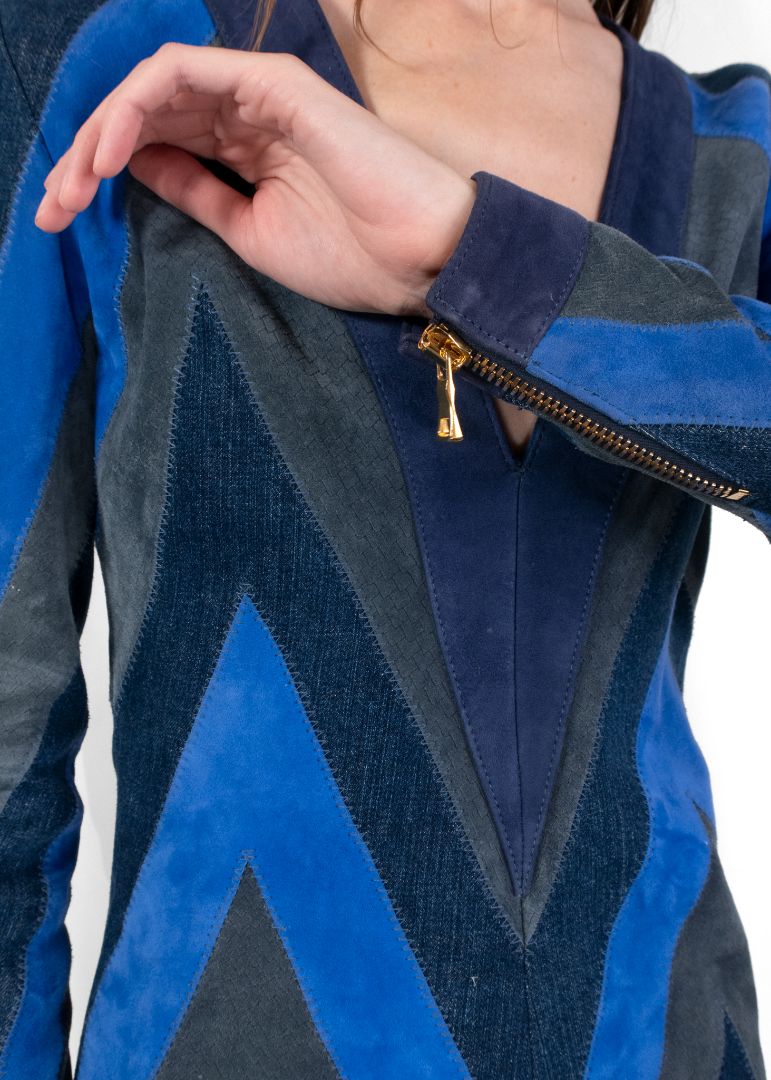 Balmain Blue Suede Chevron-Panel Bodycon Mini Dress