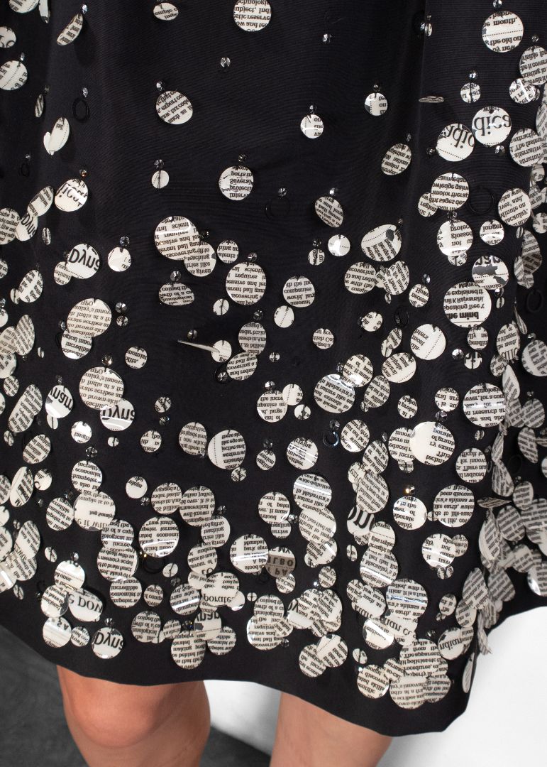 Oscar De La Renta Black Shift Dress With Circle Applique Newspaper Print