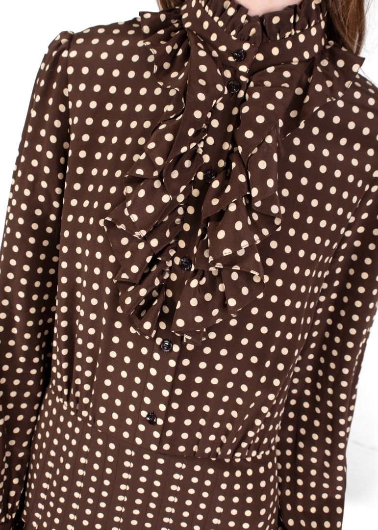 Celine Dark Brown/Ivory Silk Long Sleeve Polkadot Print Dress With Ruffle Detail