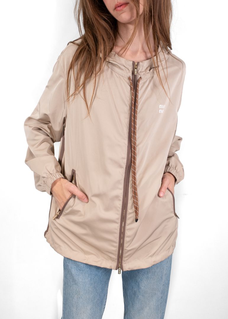 Miu Miu Beige Drawstring Hooded Jacket With Elasticated Cuffs