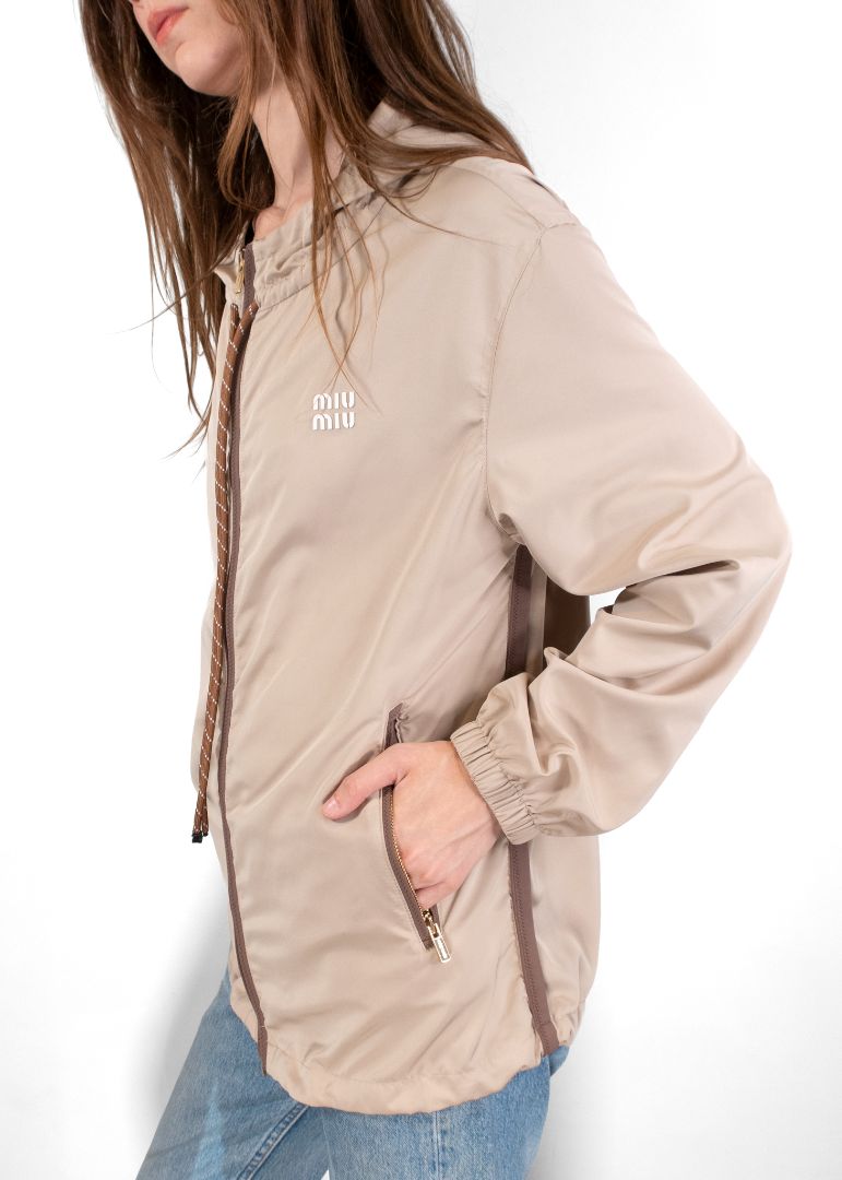 Miu Miu Beige Drawstring Hooded Jacket With Elasticated Cuffs