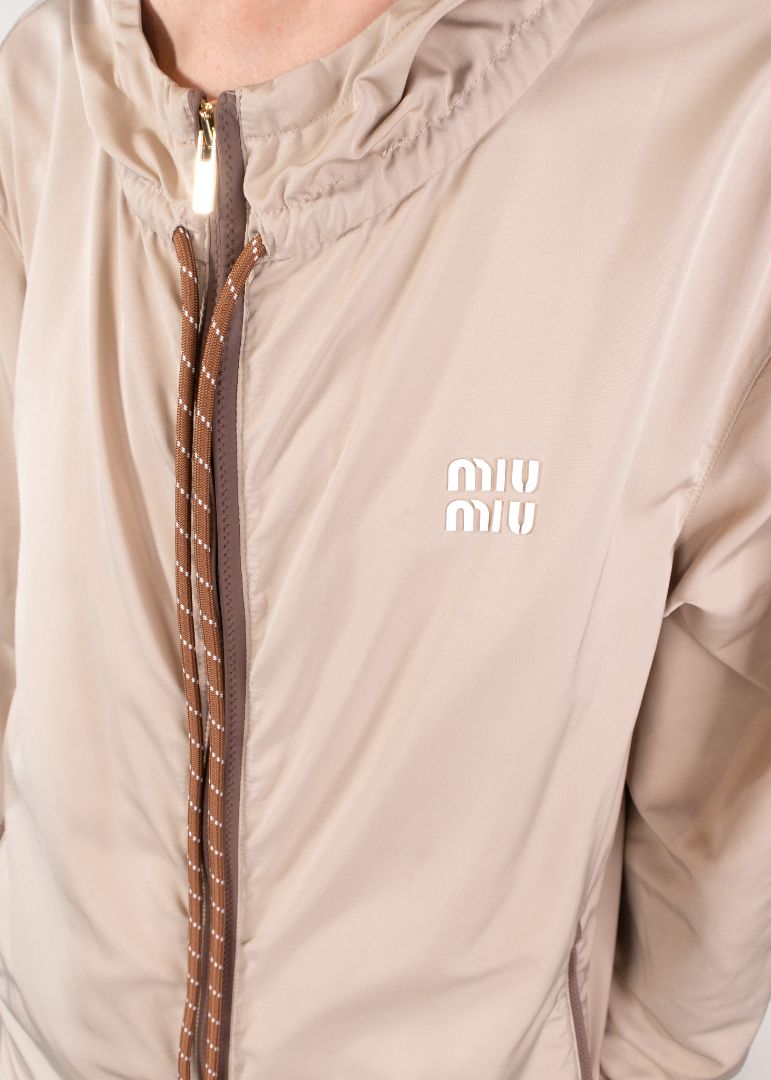 Miu Miu Beige Drawstring Hooded Jacket With Elasticated Cuffs