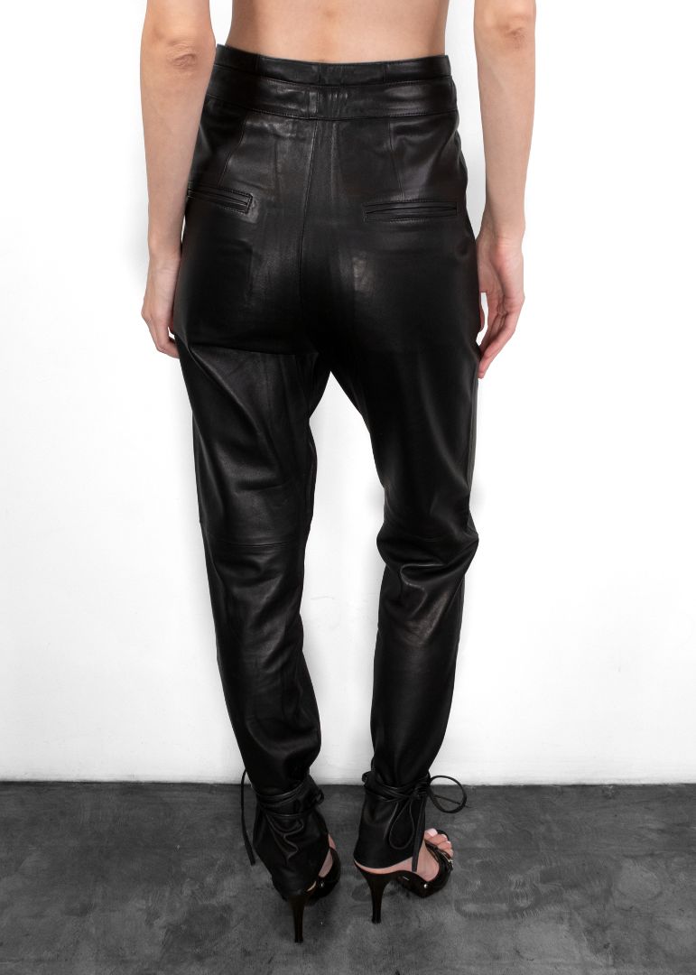 Isabel Marant Black Leather Pants With Ties At Bottom And Waist