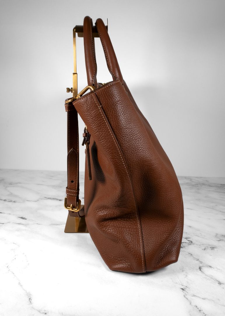 Prada Brown Pebbled Tote Bag With Long Shoulder Strap And Gold Hardware